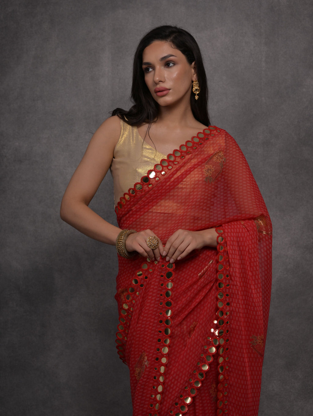 Red Chiffon Mirror Work Designer Saree with Unstitched Blouse