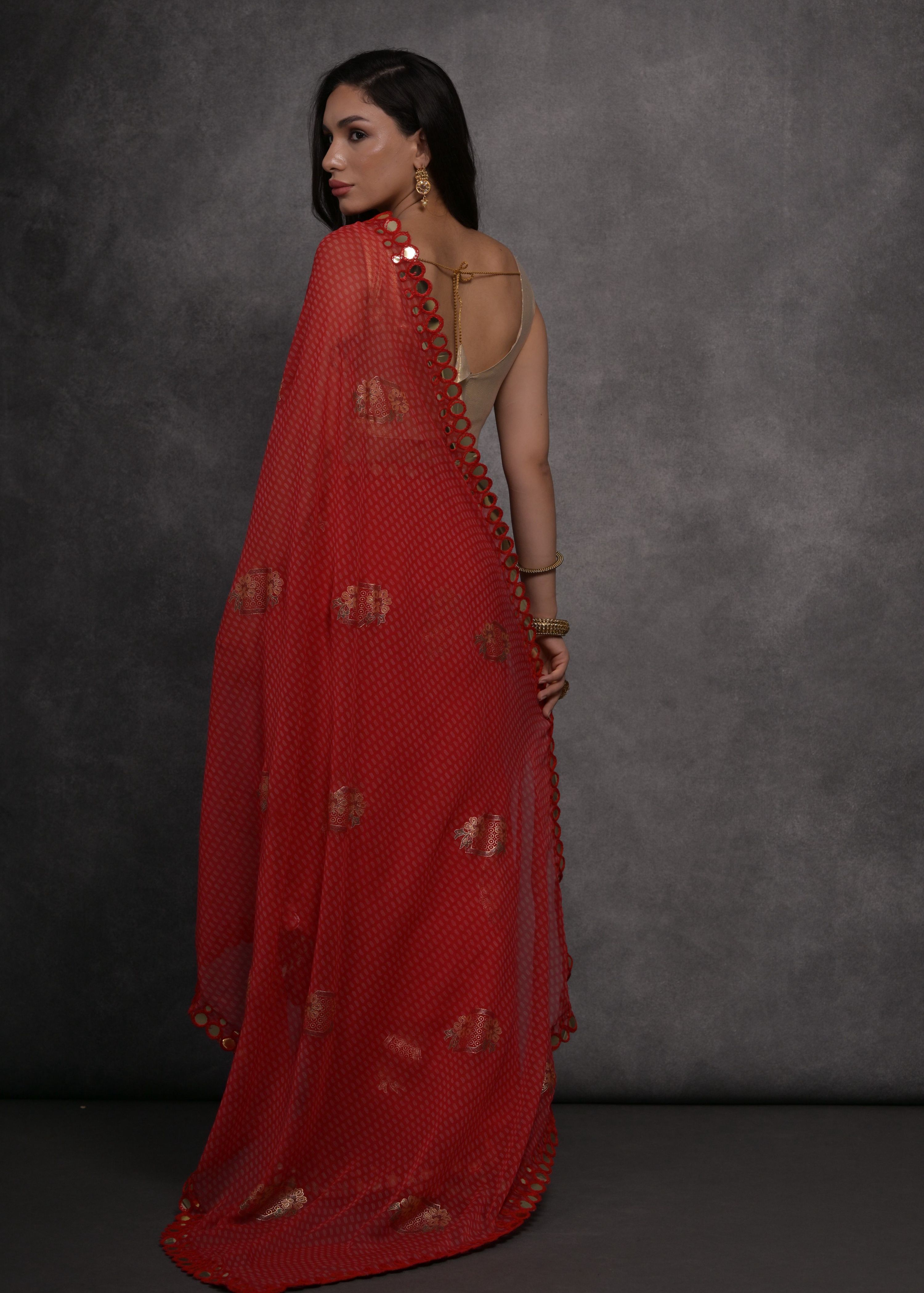 Red Chiffon Mirror Work Designer Saree with Unstitched Blouse