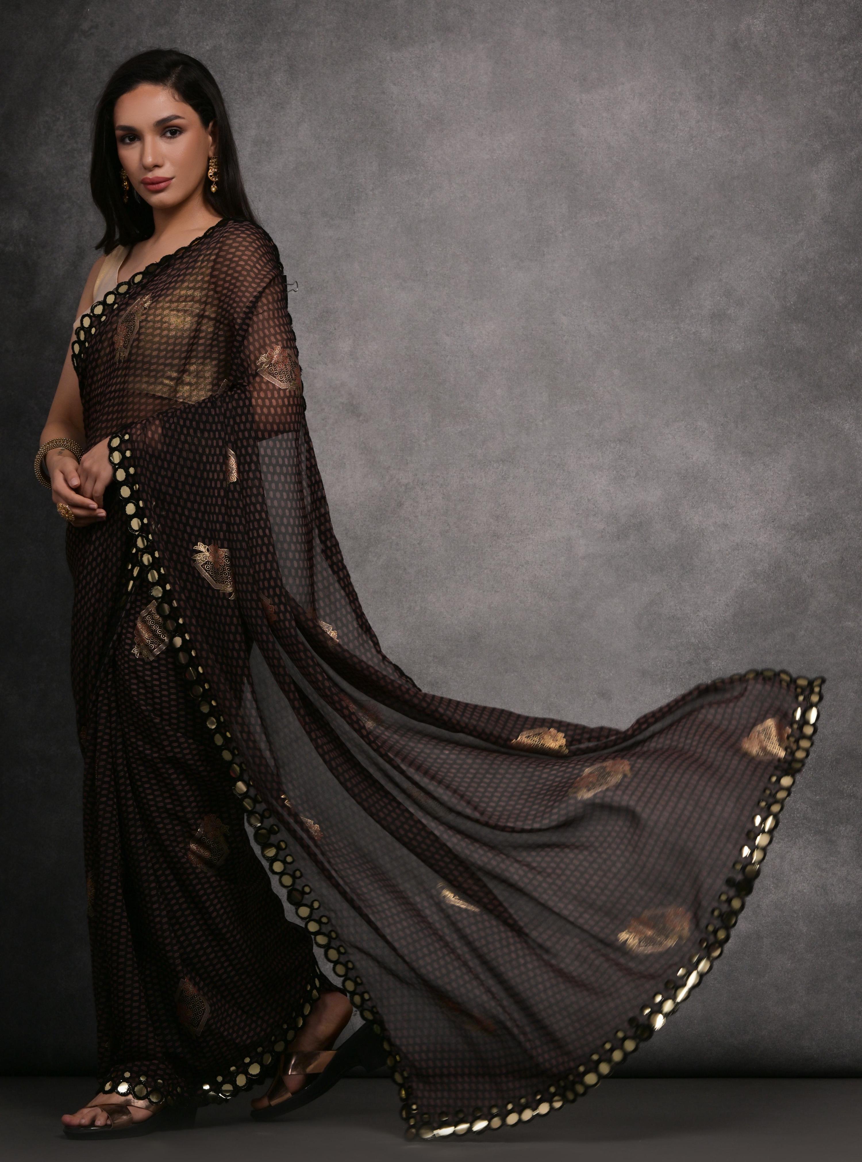 Jyoti Fashion Women's Black Chiffon Mirror Work Designer Saree with Blouse