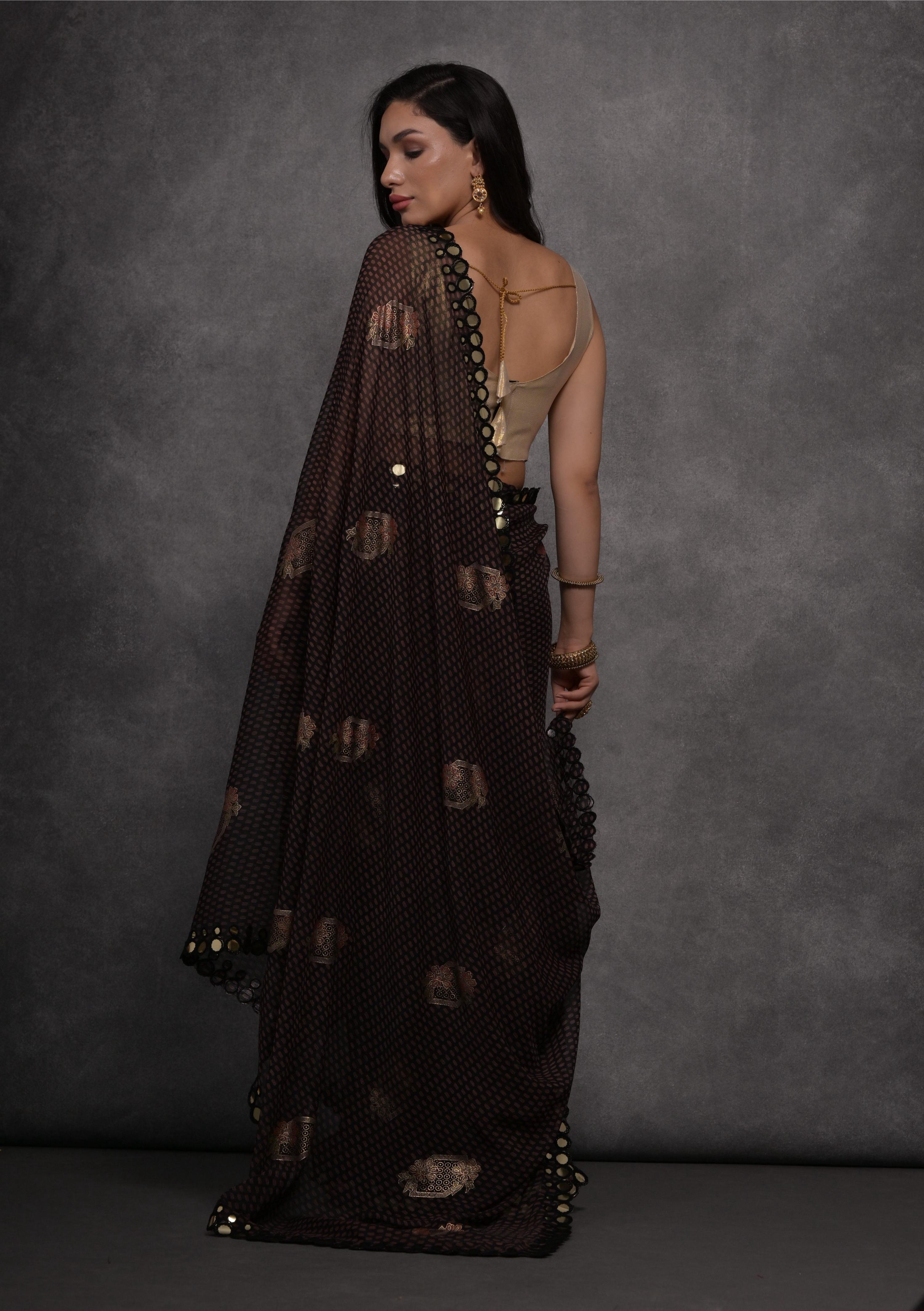 Jyoti Fashion Women's Black Chiffon Mirror Work Designer Saree with Blouse