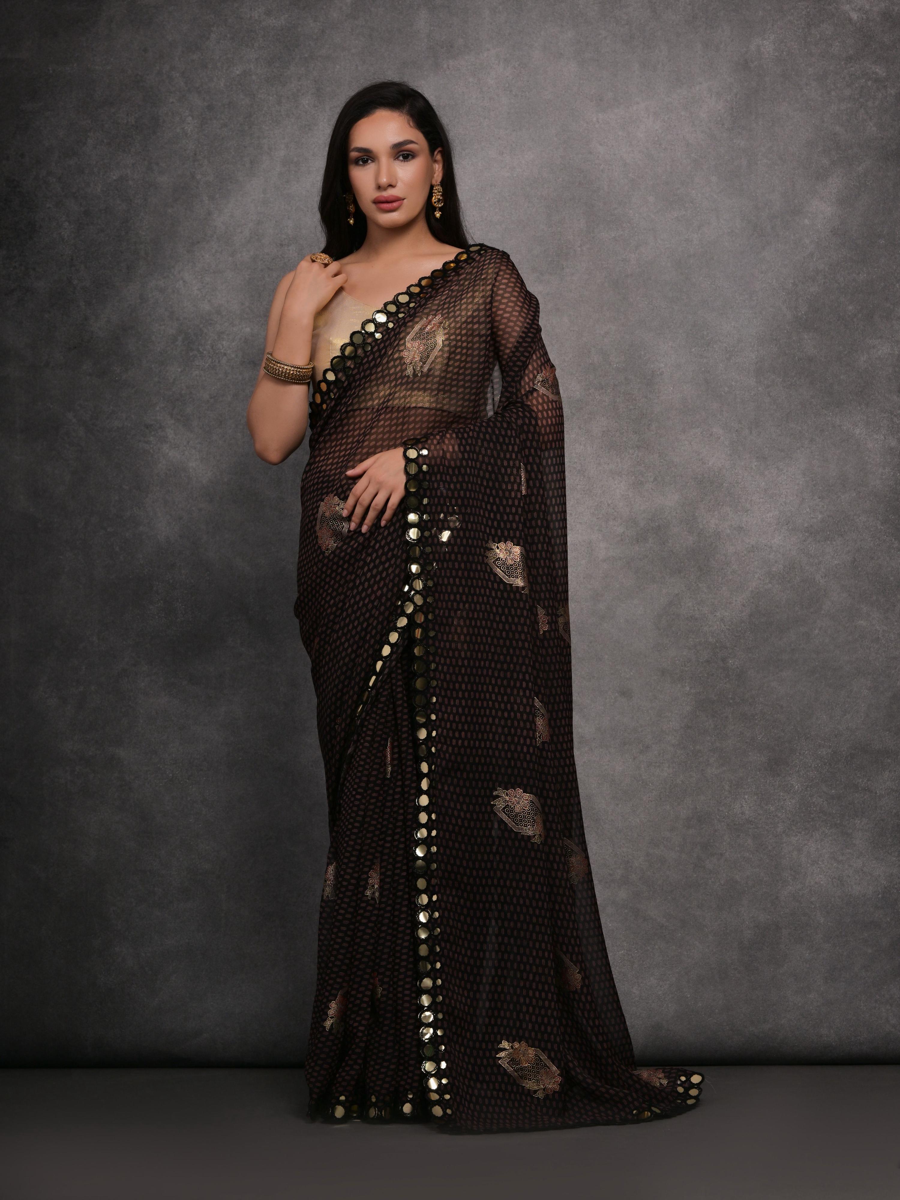 Jyoti Fashion Women's Black Chiffon Mirror Work Designer Saree with Blouse