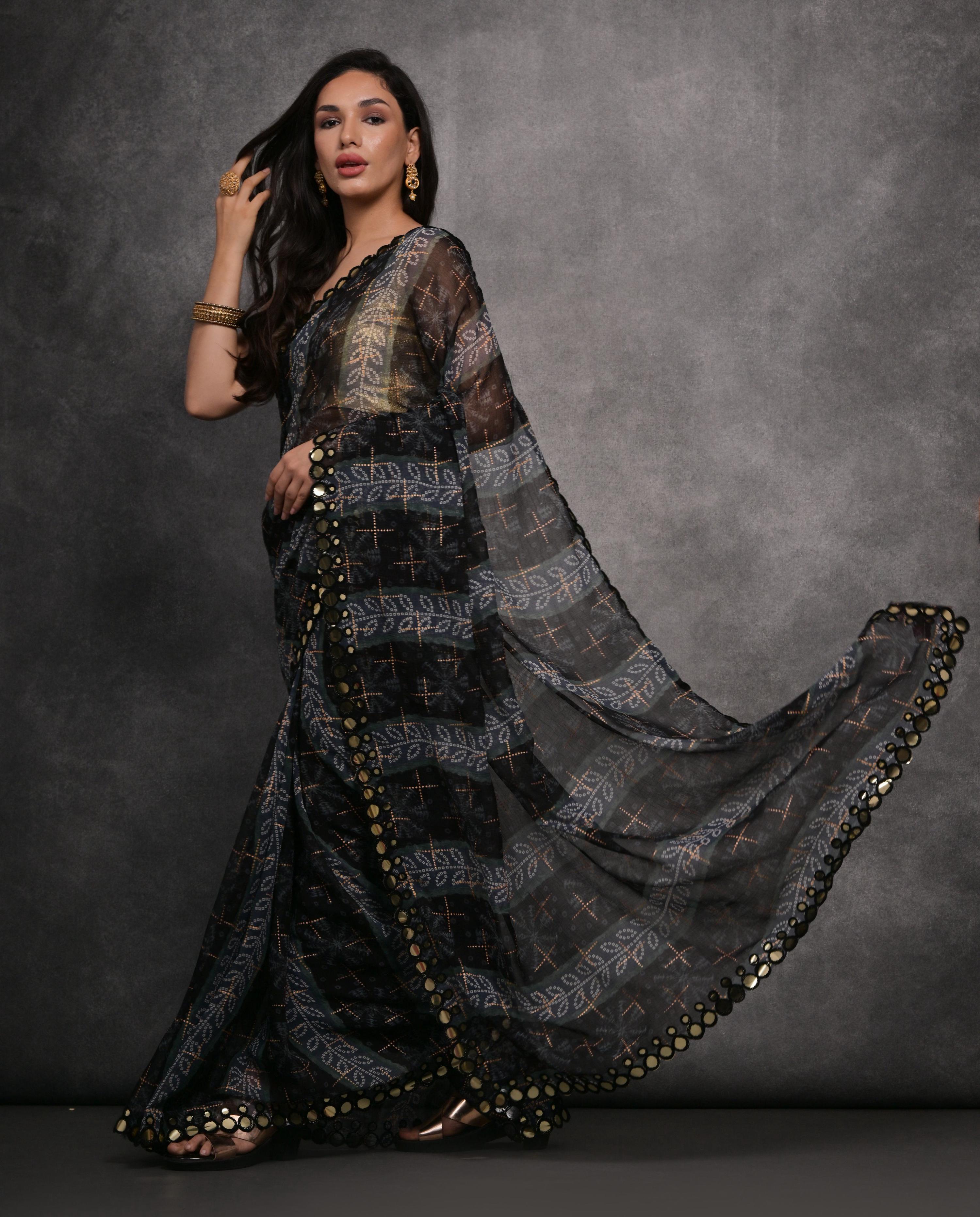 Grey Chiffon Mirror Work Designer Saree with Unstitched Blouse