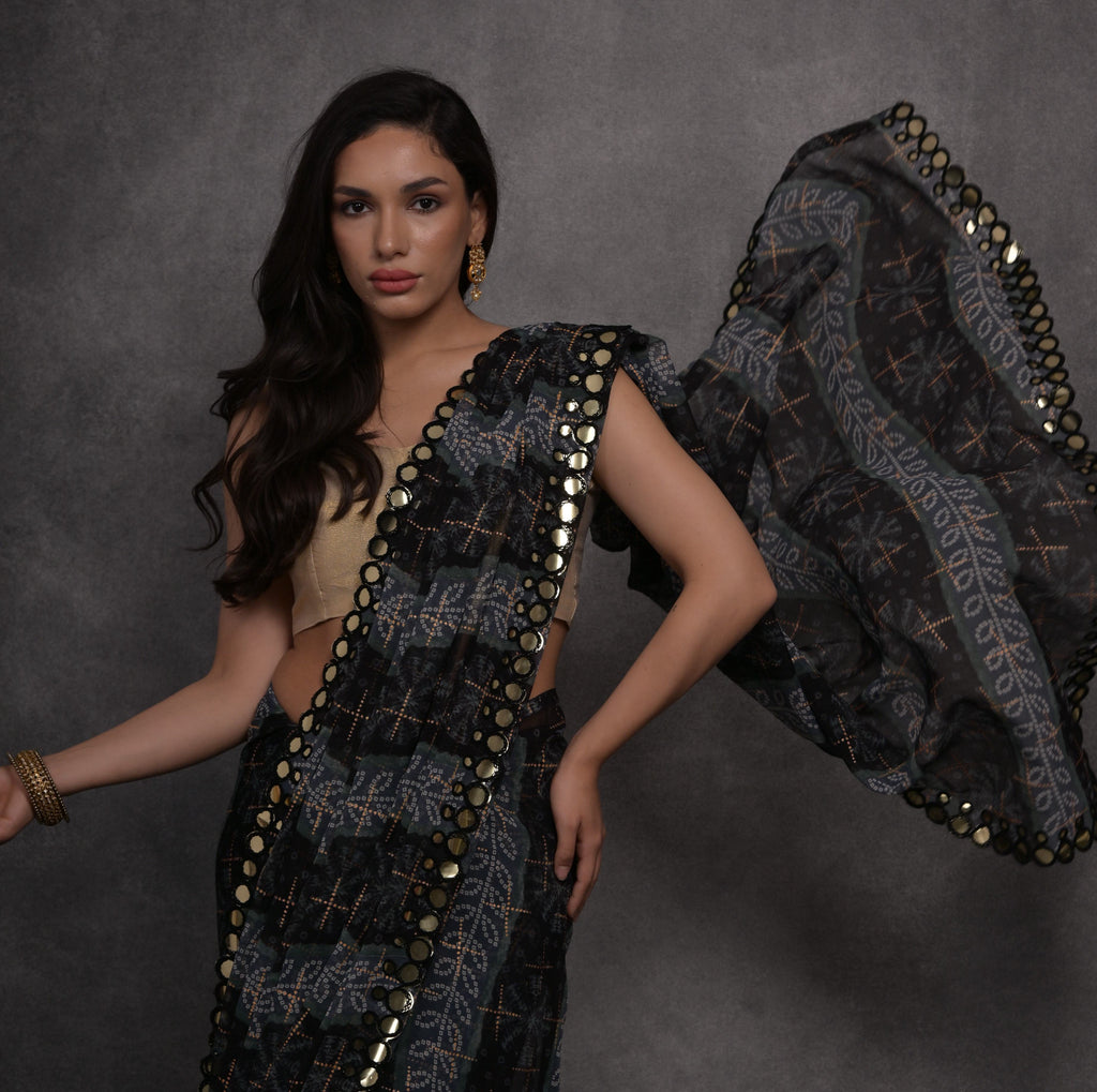 Grey Chiffon Mirror Work Designer Saree with Unstitched Blouse