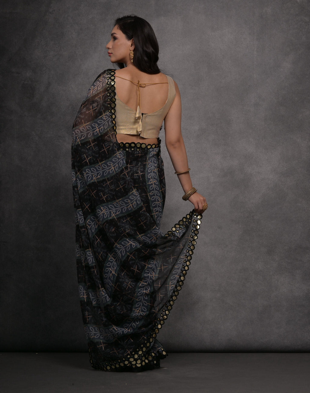 Grey Chiffon Mirror Work Designer Saree with Unstitched Blouse
