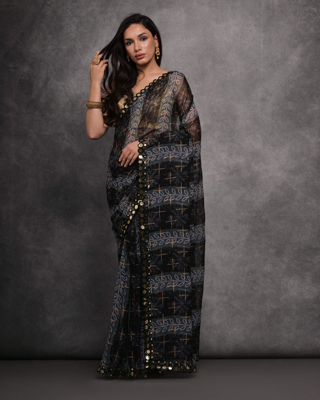 Elegant grey chiffon saree with mirror work embroidery and matching blouse piece