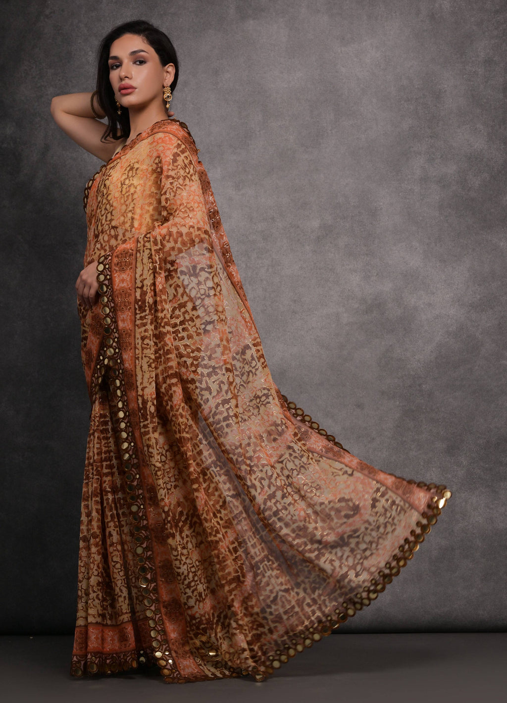 Brown Chiffon Mirror Work Designer Saree with Unstitched Blouse