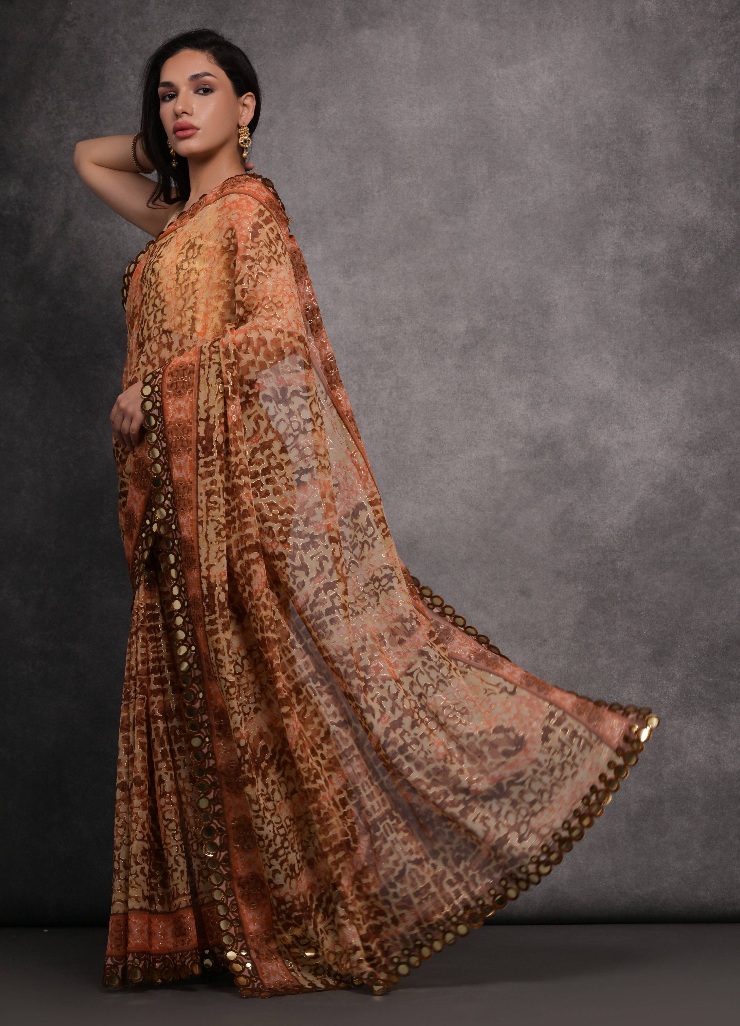 Brown Chiffon Mirror Work Designer Saree with Unstitched Blouse