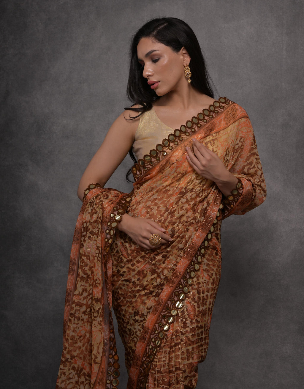 Brown Chiffon Mirror Work Designer Saree with Unstitched Blouse
