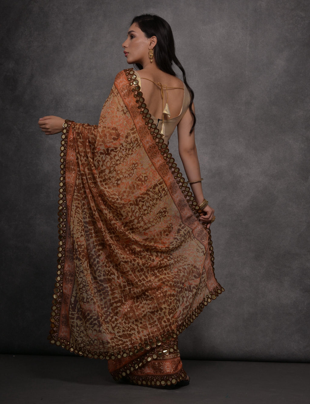 Brown Chiffon Mirror Work Designer Saree with Unstitched Blouse