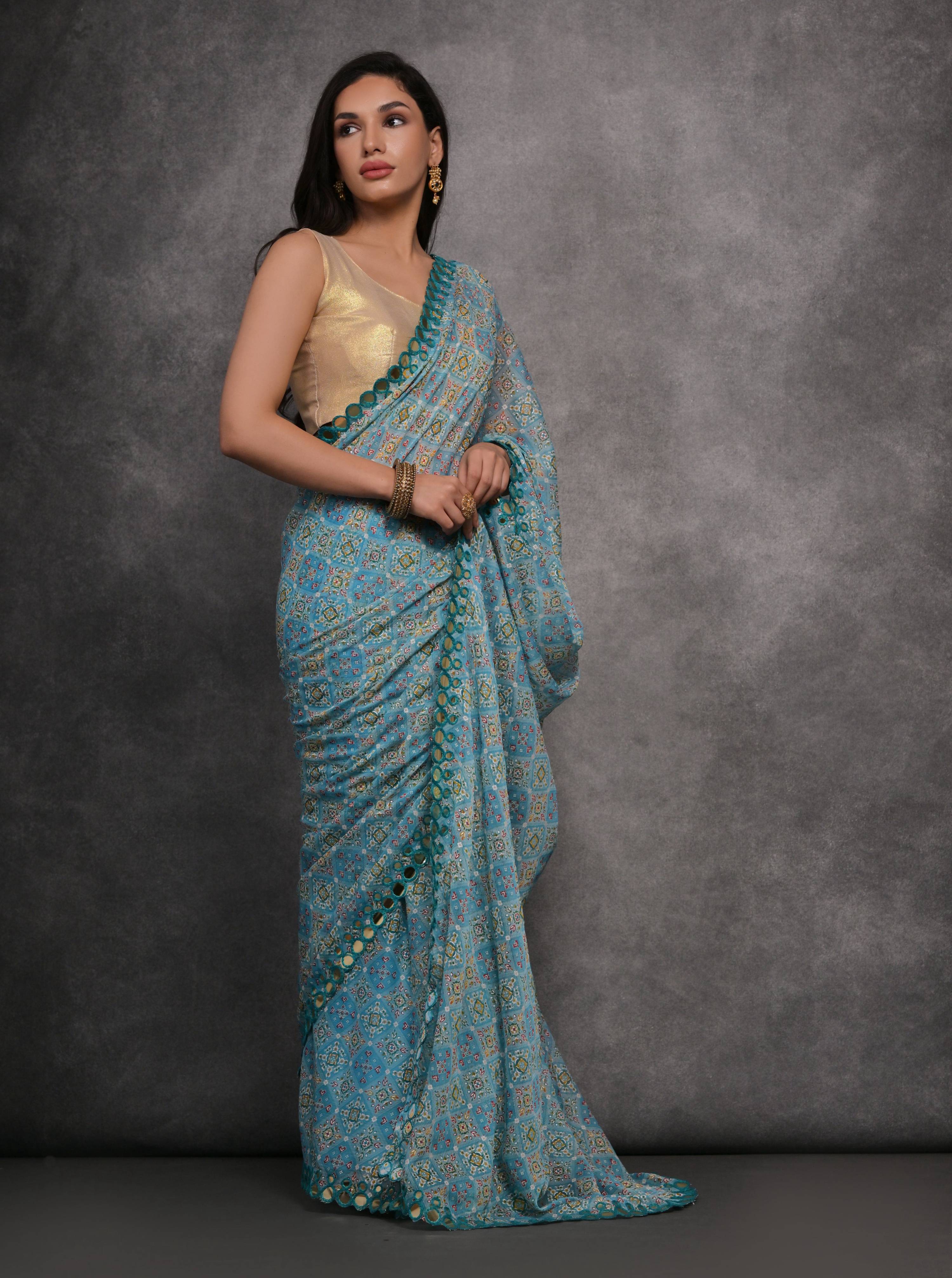 Jyoti Fashion Women's Sky Blue Chiffon Mirror Work Designer Saree with Blouse