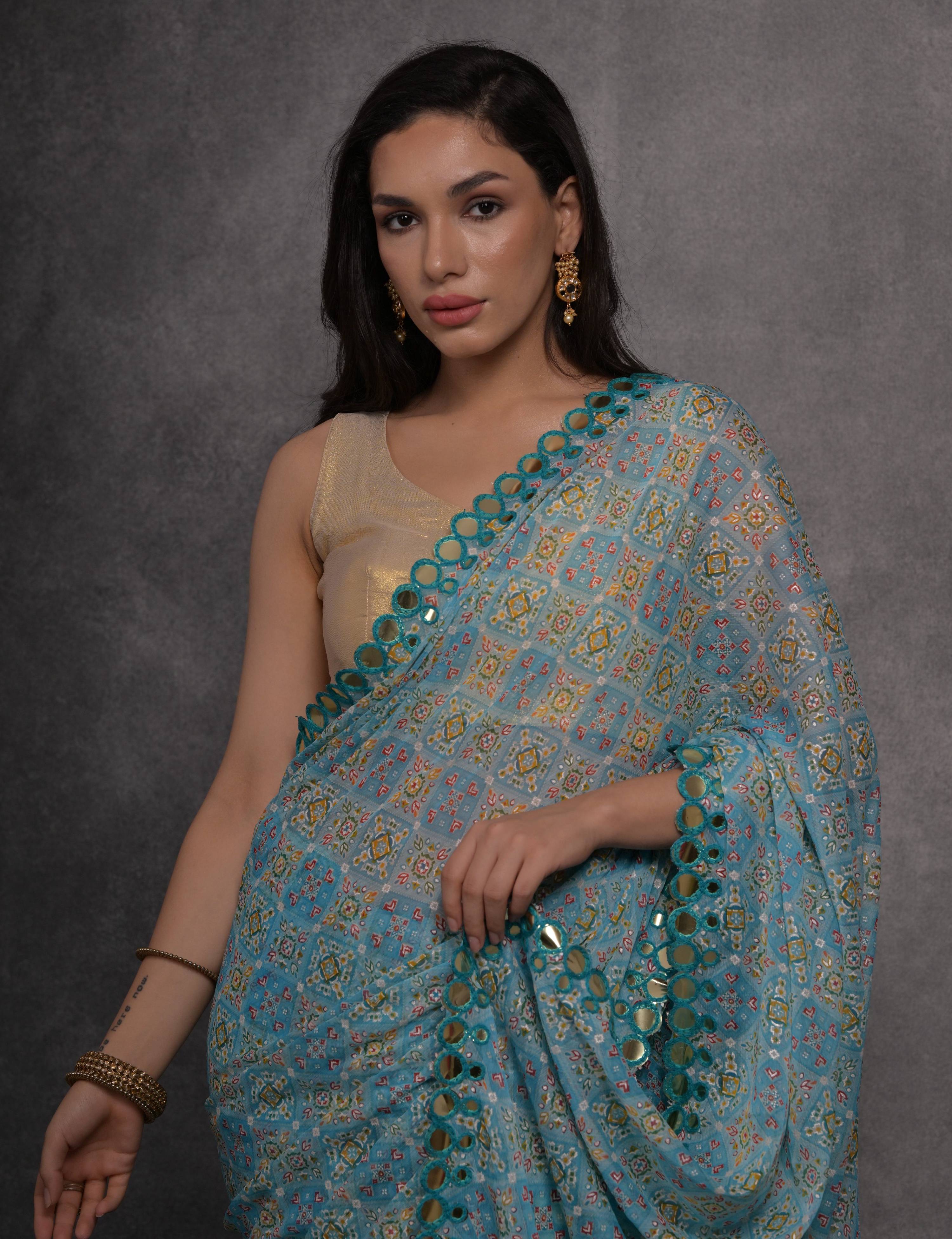 Jyoti Fashion Women's Sky Blue Chiffon Mirror Work Designer Saree with Blouse