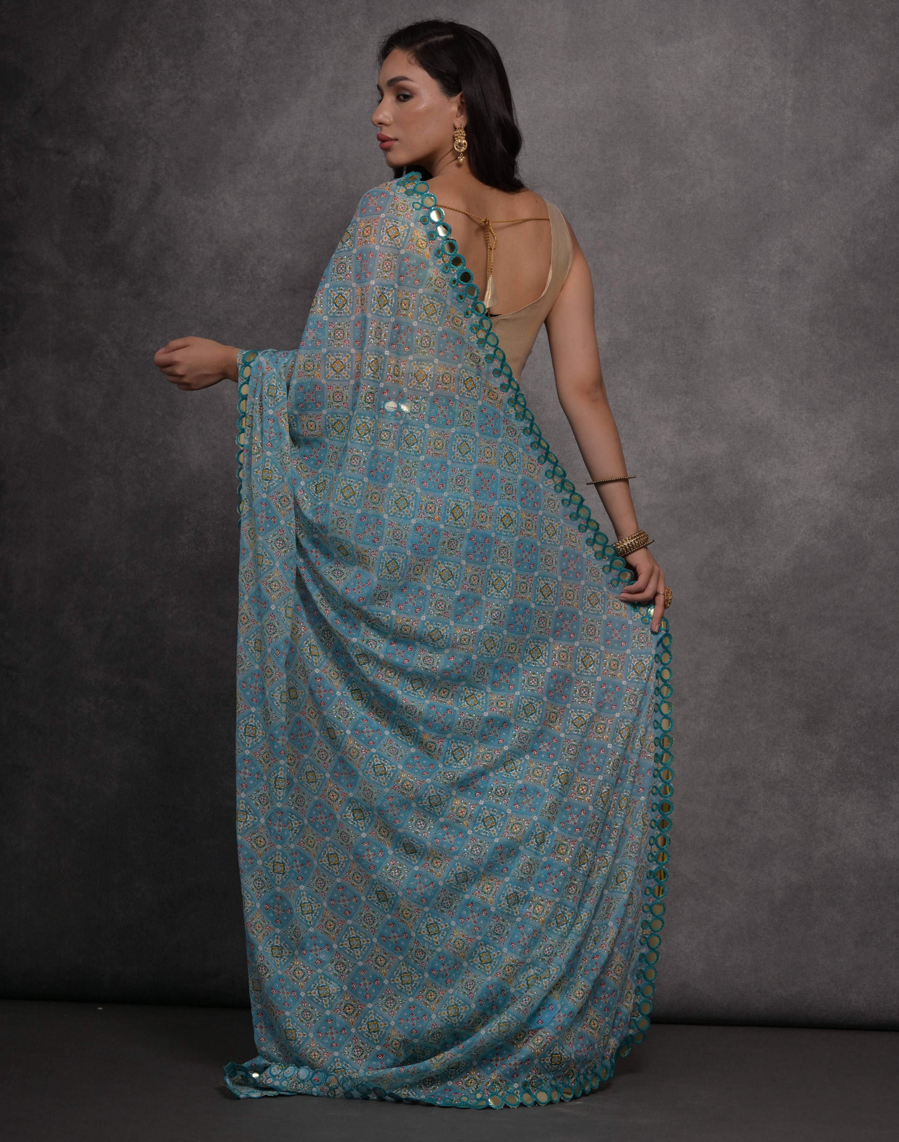 Jyoti Fashion Women's Sky Blue Chiffon Mirror Work Designer Saree with Blouse