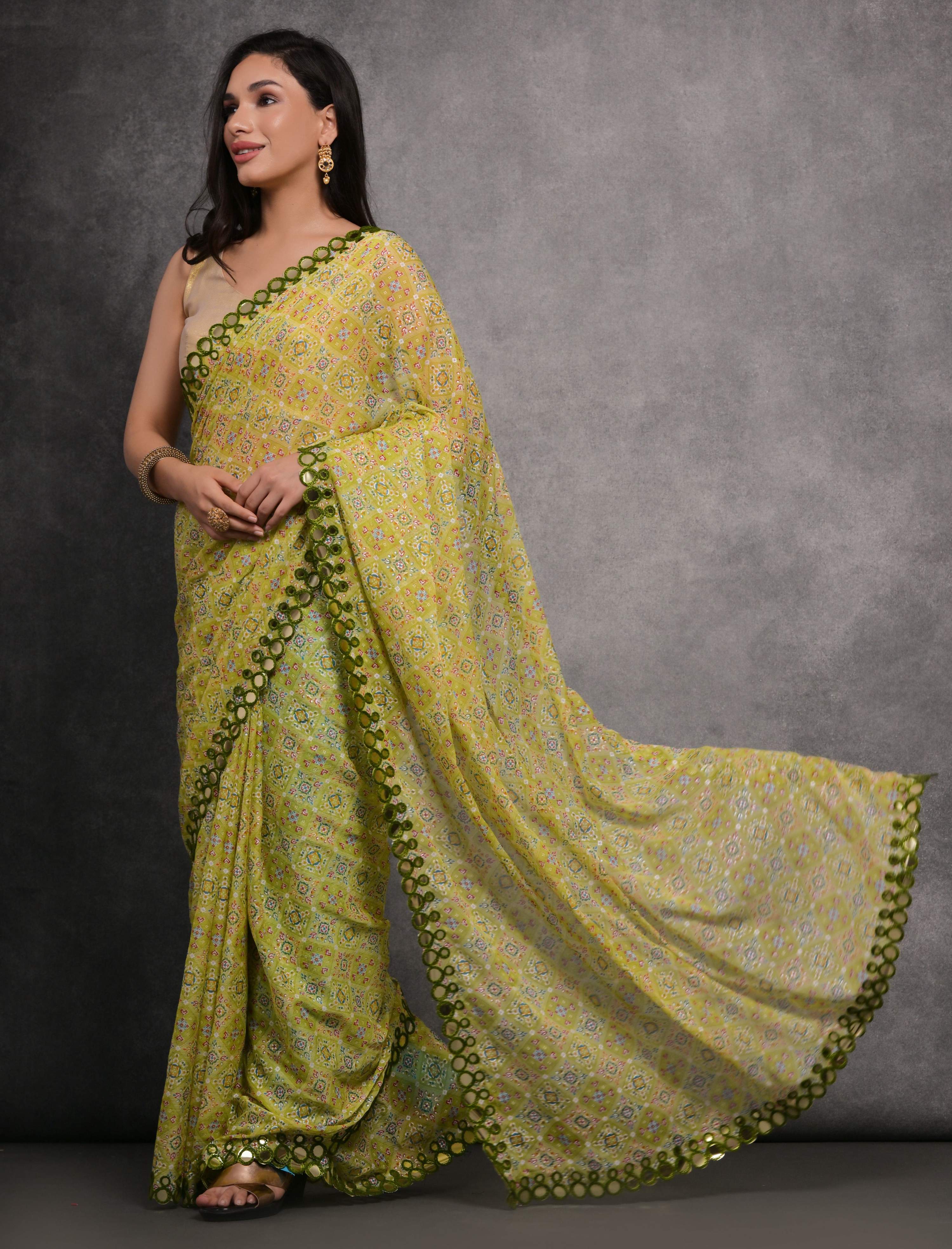 Mehendi Chiffon Mirror Work Designer Saree with Blouse