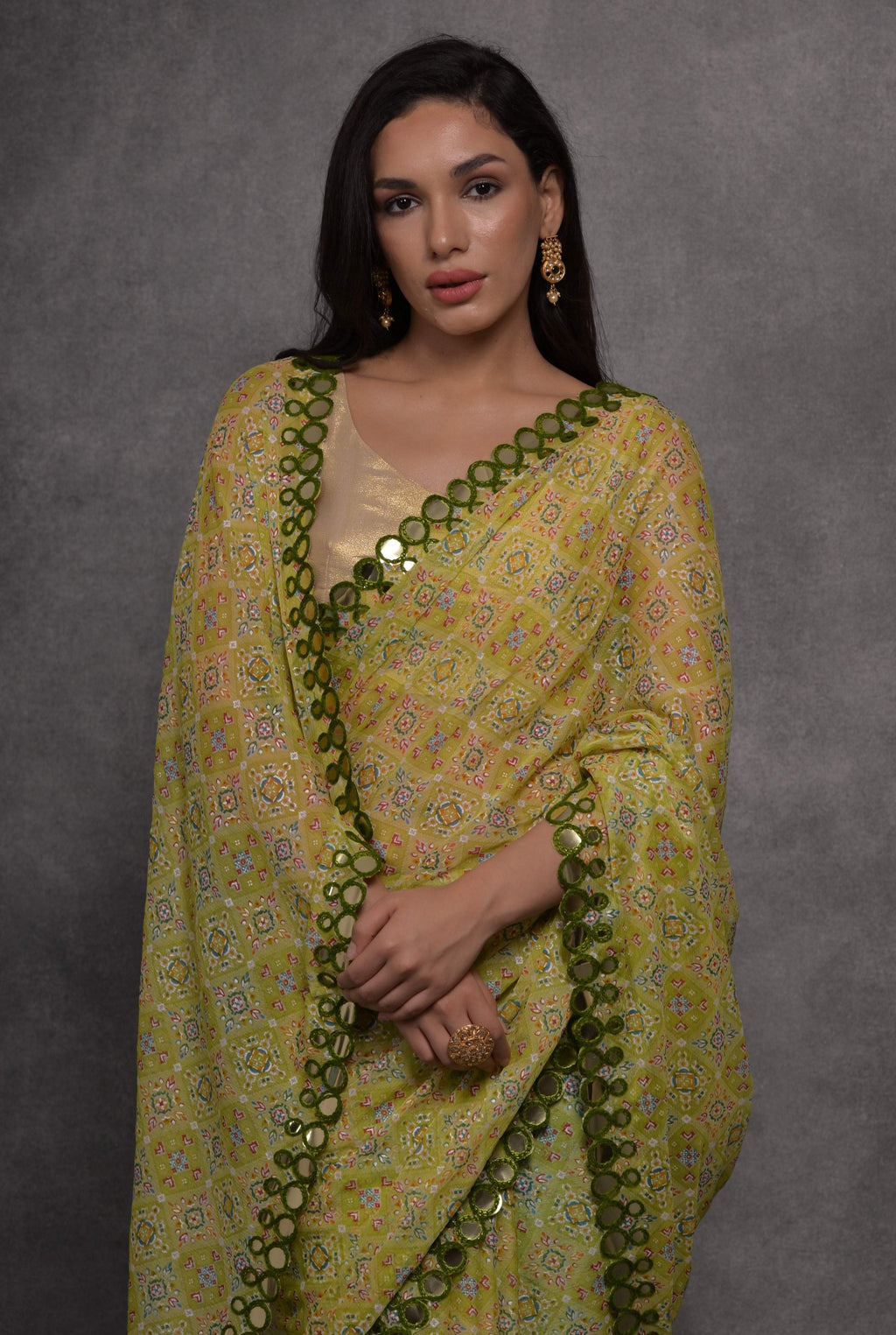 Mehendi Chiffon Mirror Work Designer Saree with Blouse