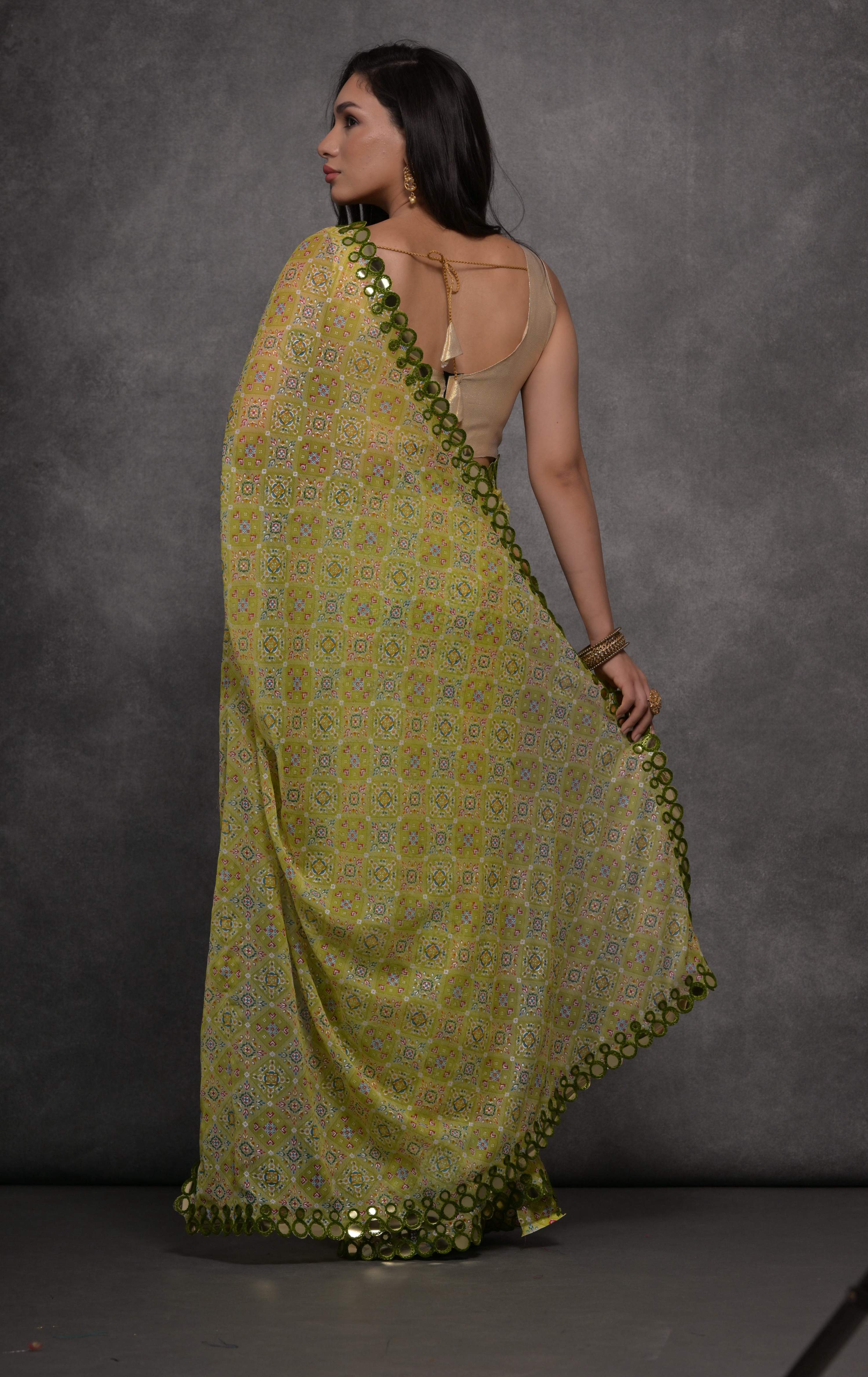 Mehendi Chiffon Mirror Work Designer Saree with Blouse