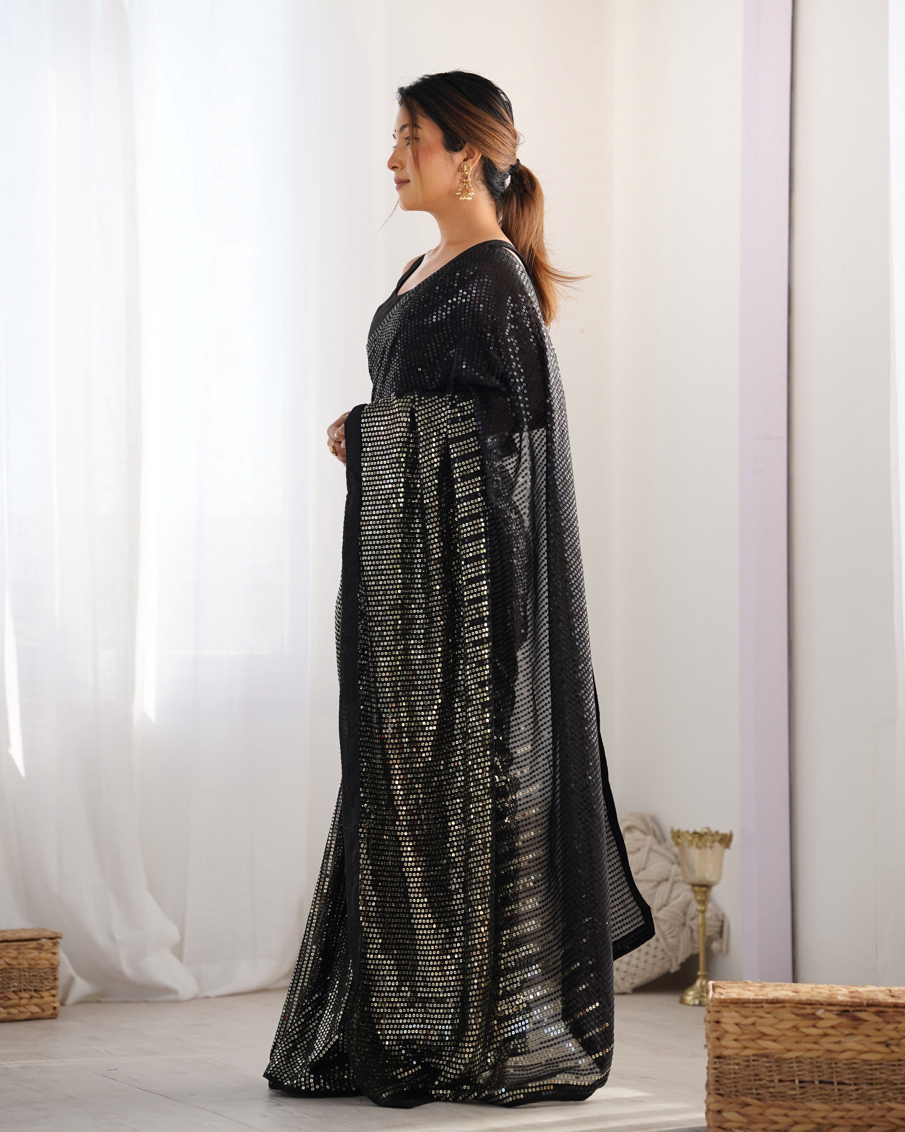 Black Georgette Sequins Designer Saree with Unstitched Blouse