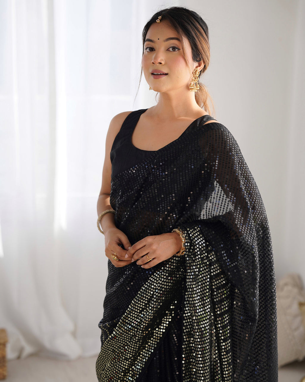 Black Georgette Sequins Designer Saree with Unstitched Blouse