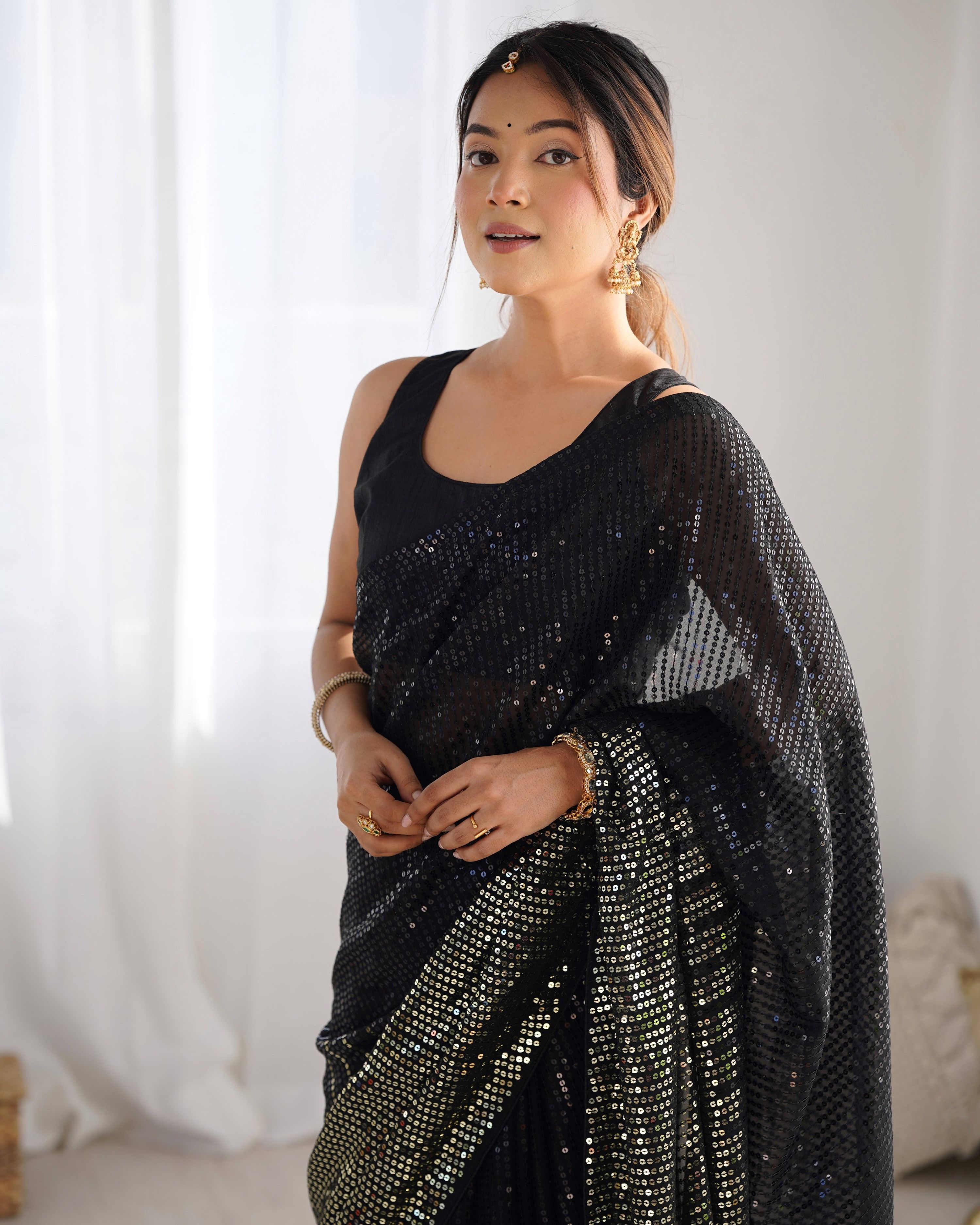 Black Georgette Sequins Designer Saree with Unstitched Blouse
