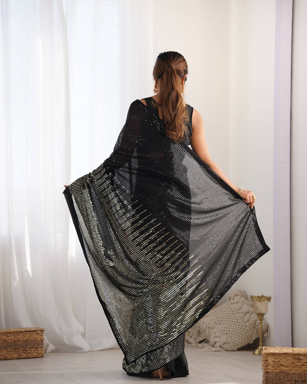 Black Georgette Sequins Designer Saree with Unstitched Blouse
