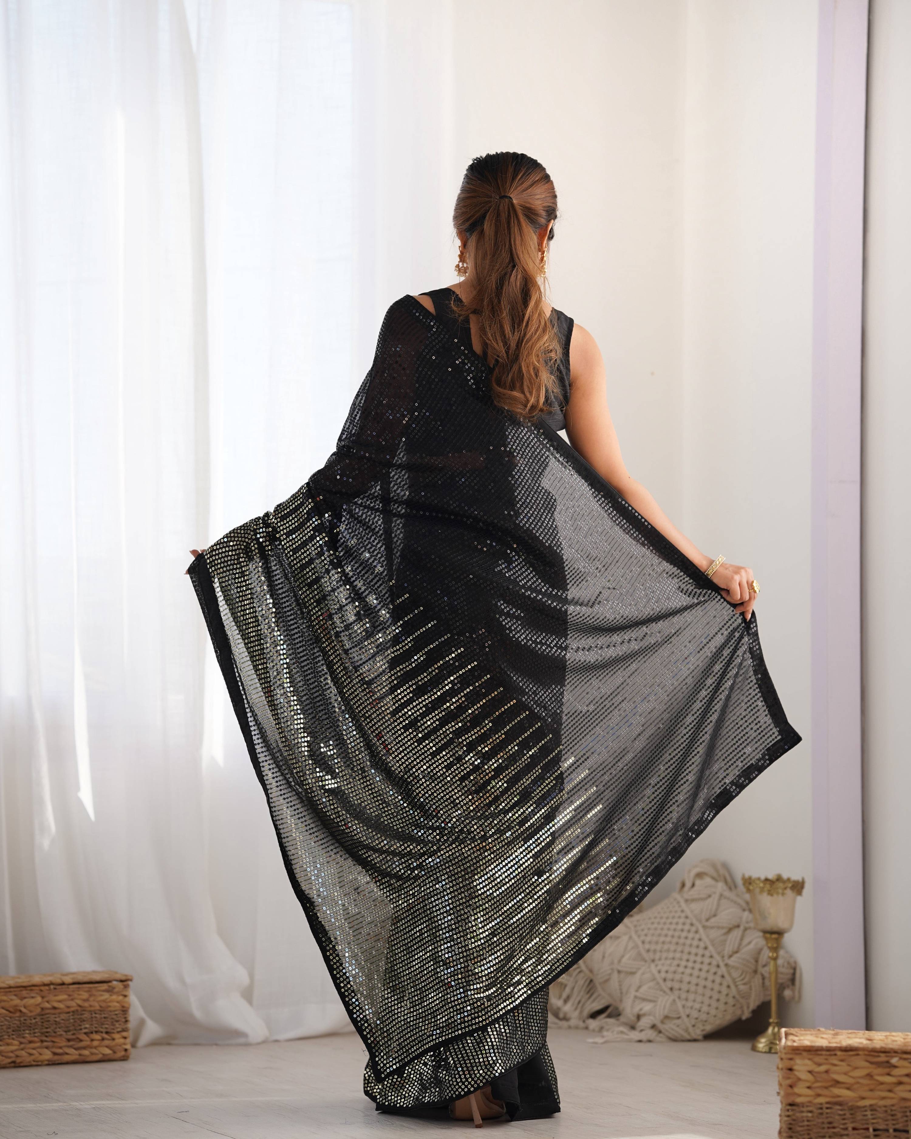 Black Georgette Sequins Designer Saree with Unstitched Blouse