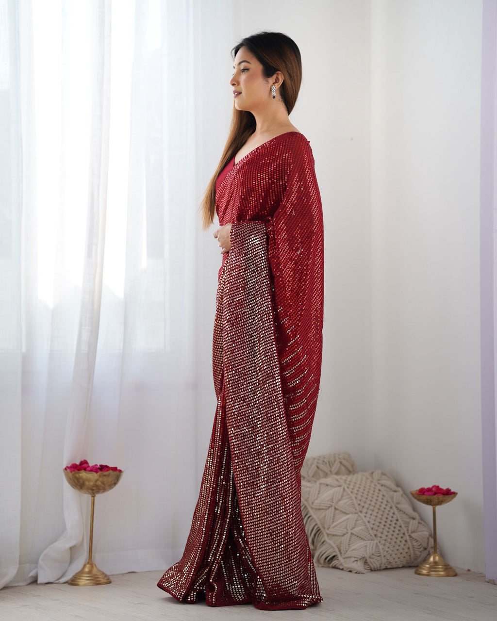Maroon Georgette Sequins Designer Saree with Blouse