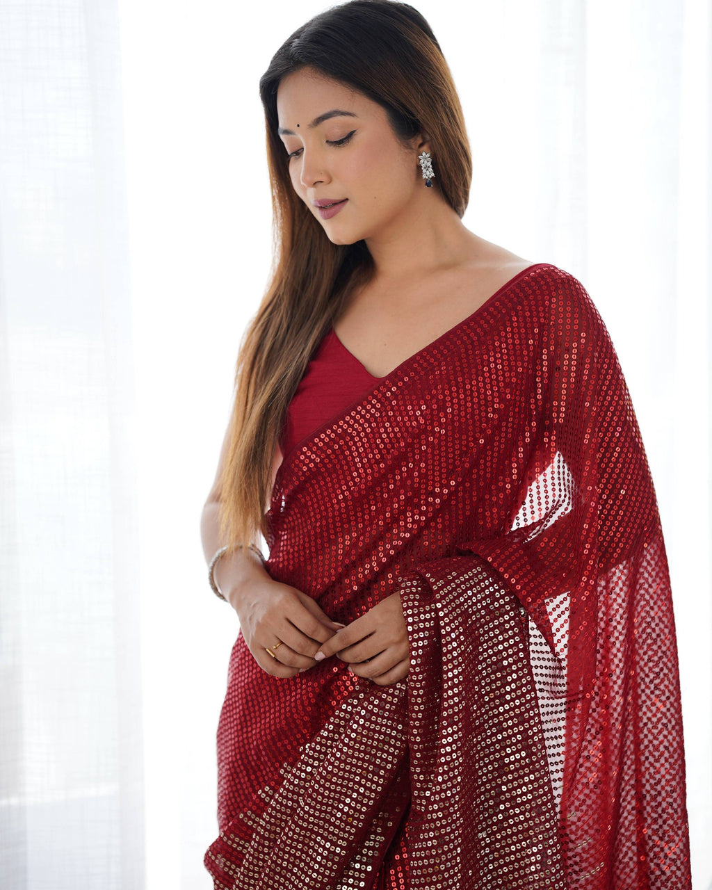 Maroon Georgette Sequins Designer Saree with Blouse