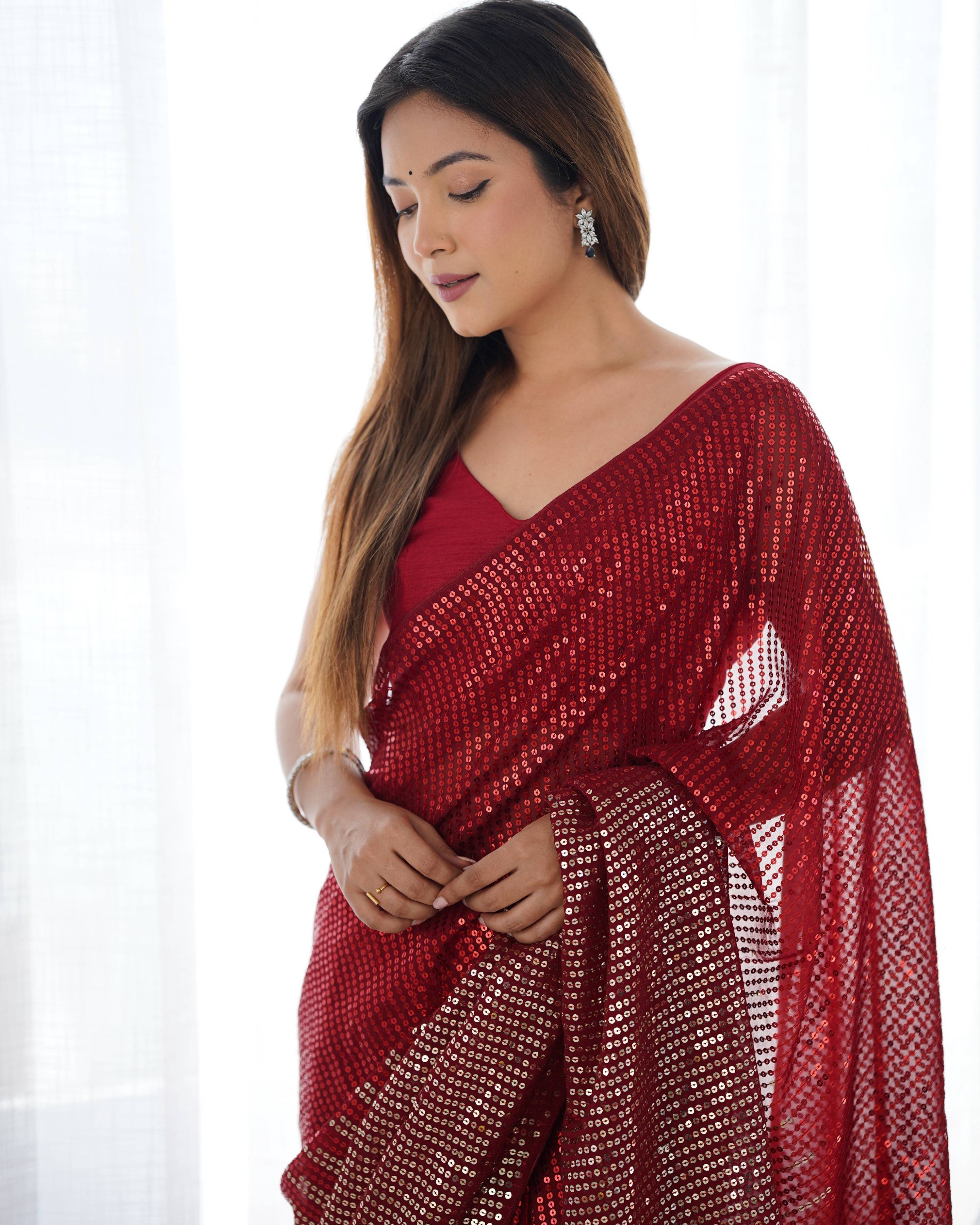 Maroon Georgette Sequins Designer Saree with Blouse