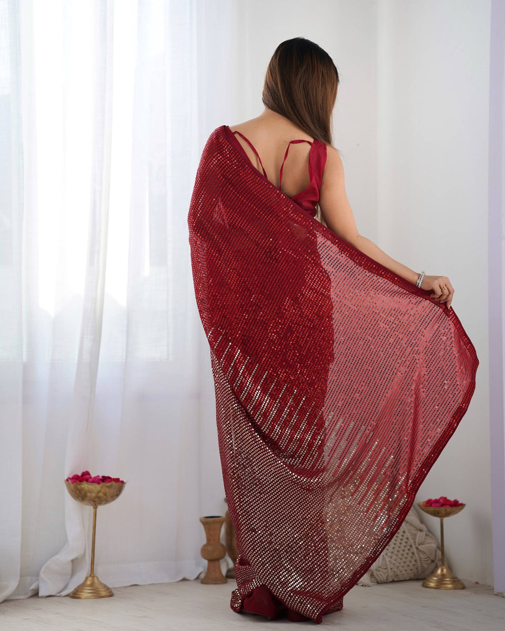 Maroon Georgette Sequins Designer Saree with Blouse