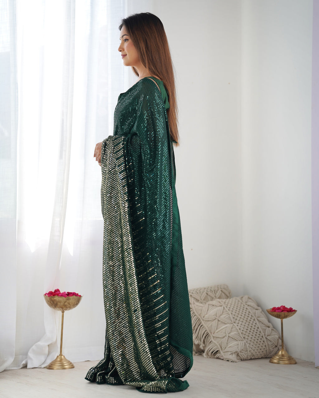 Bottle Green Georgette Sequins Designer Saree with Blouse