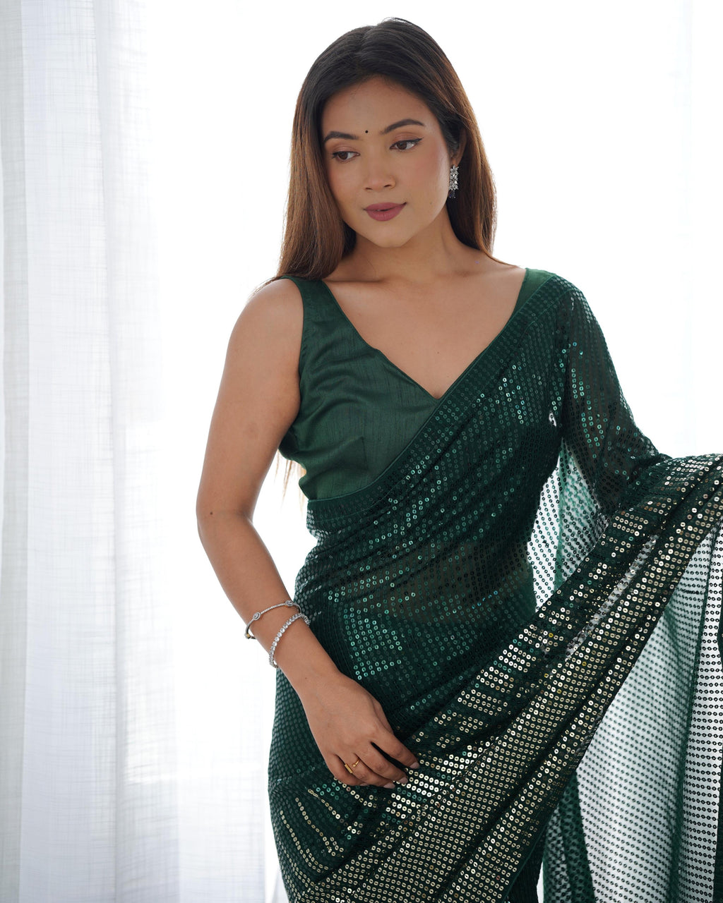Bottle Green Georgette Sequins Designer Saree with Blouse
