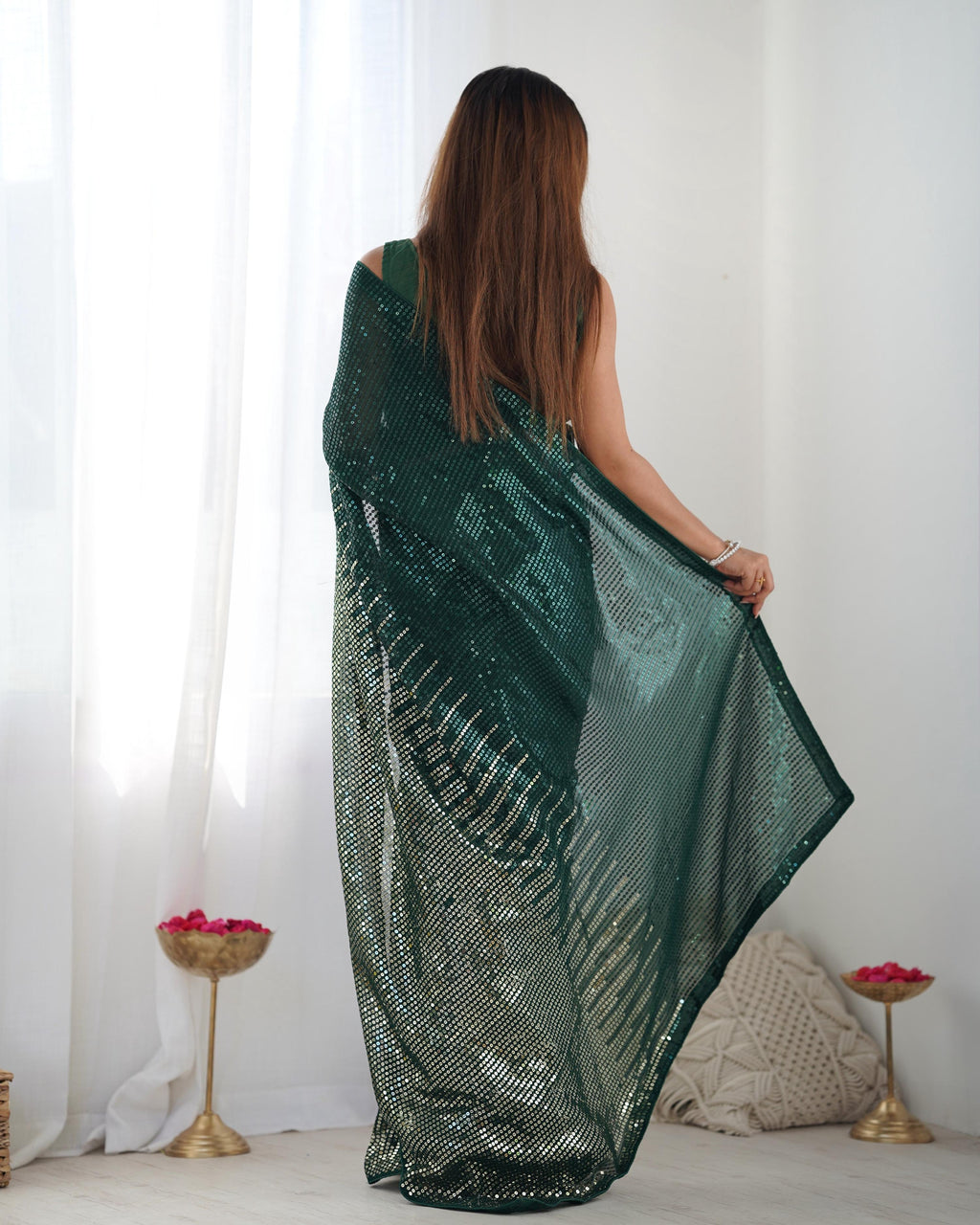 Bottle Green Georgette Sequins Designer Saree with Blouse