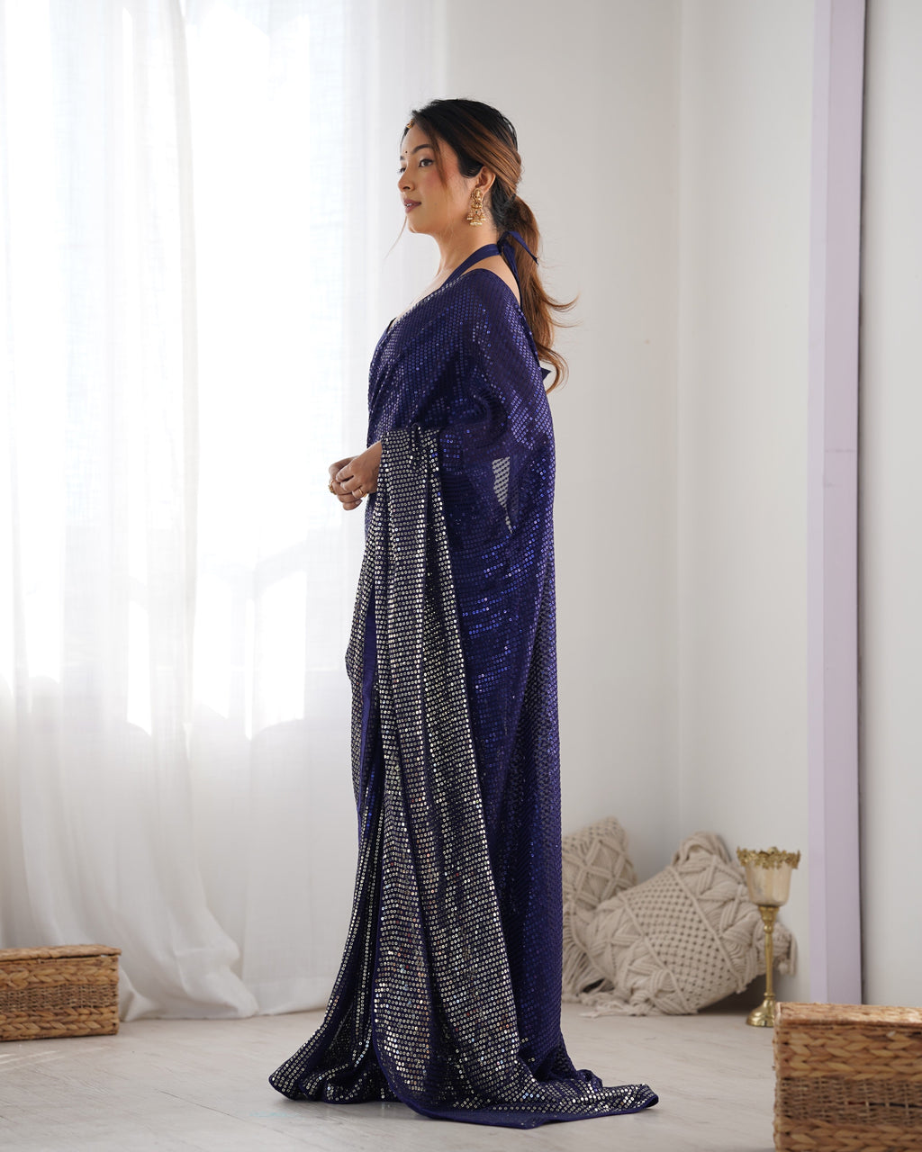Navy Blue Georgette Sequins Saree with Silk Blouse