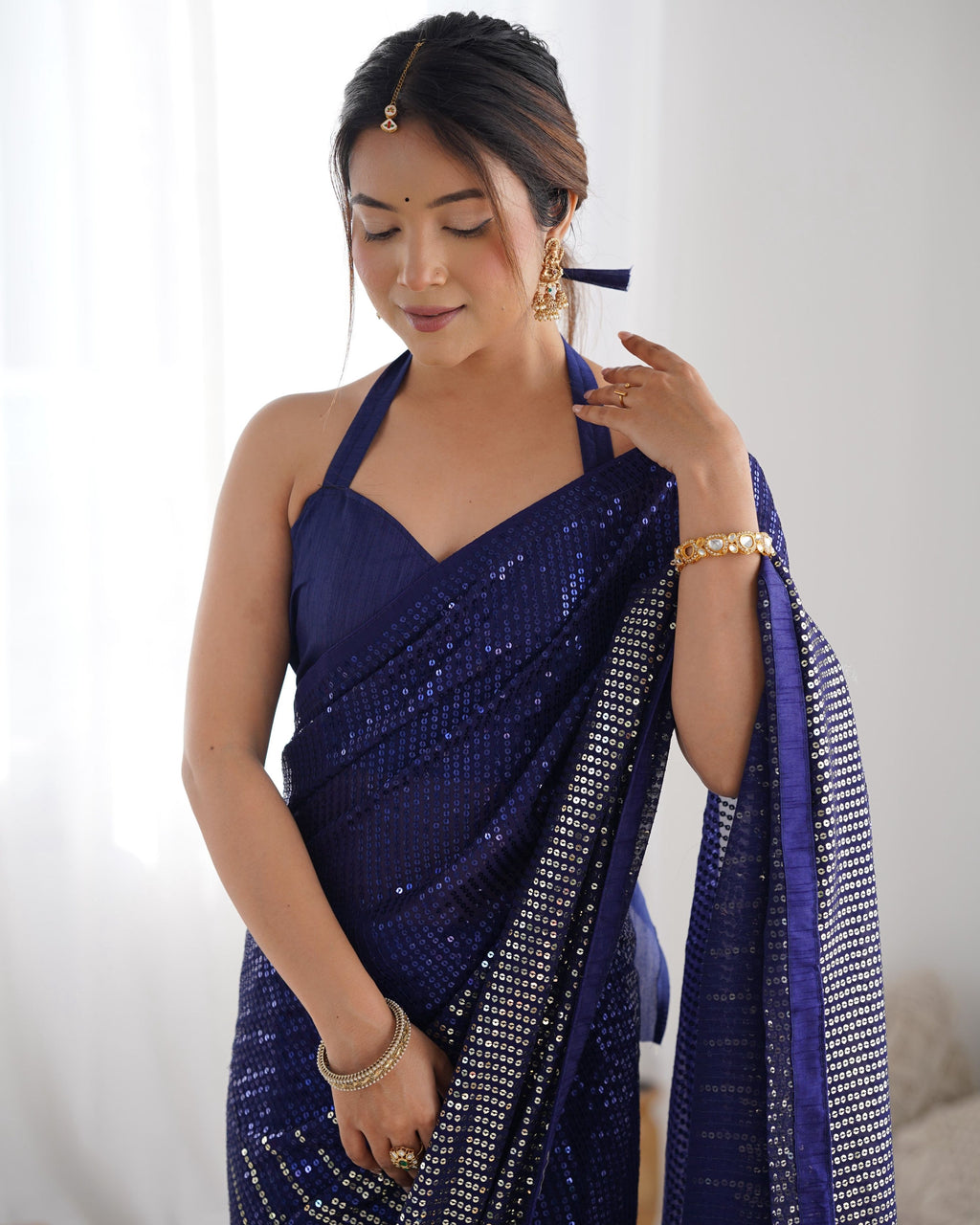 Navy Blue Georgette Sequins Saree with Silk Blouse