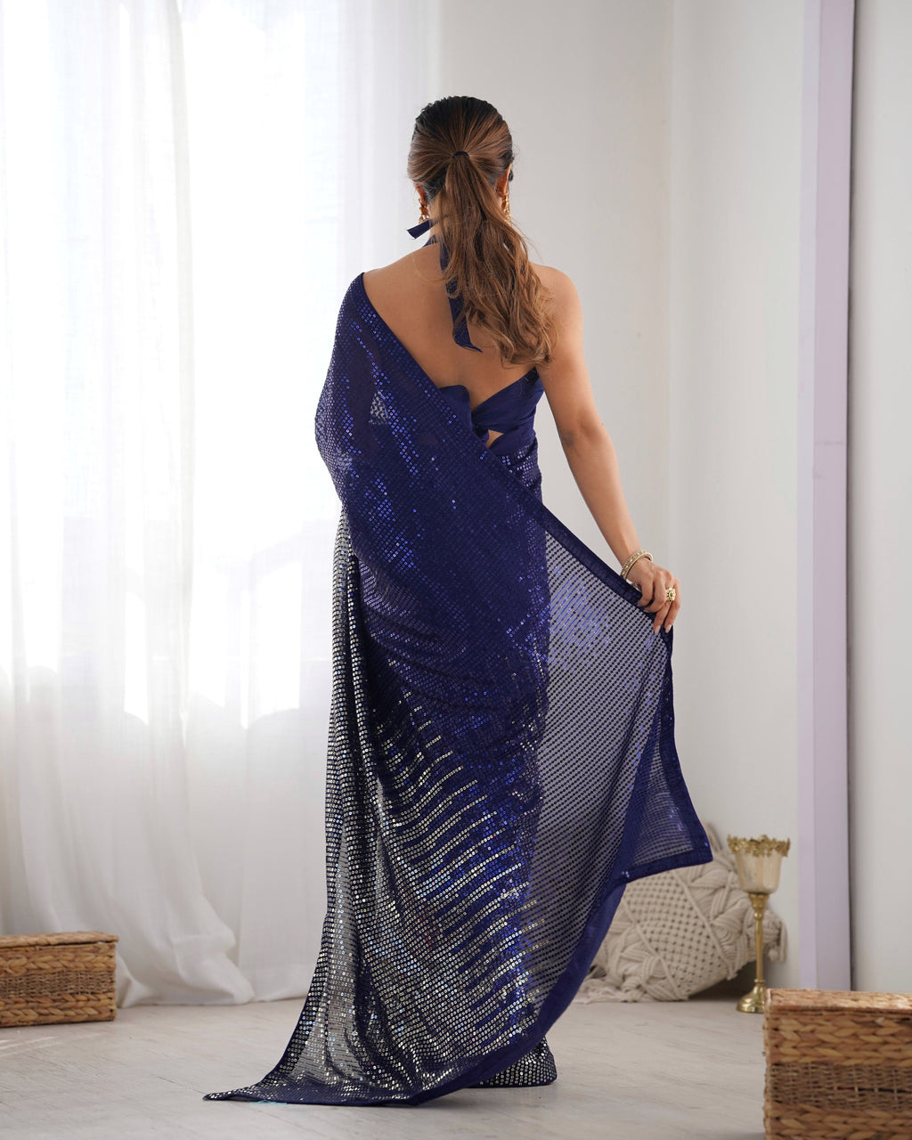 Navy Blue Georgette Sequins Saree with Silk Blouse
