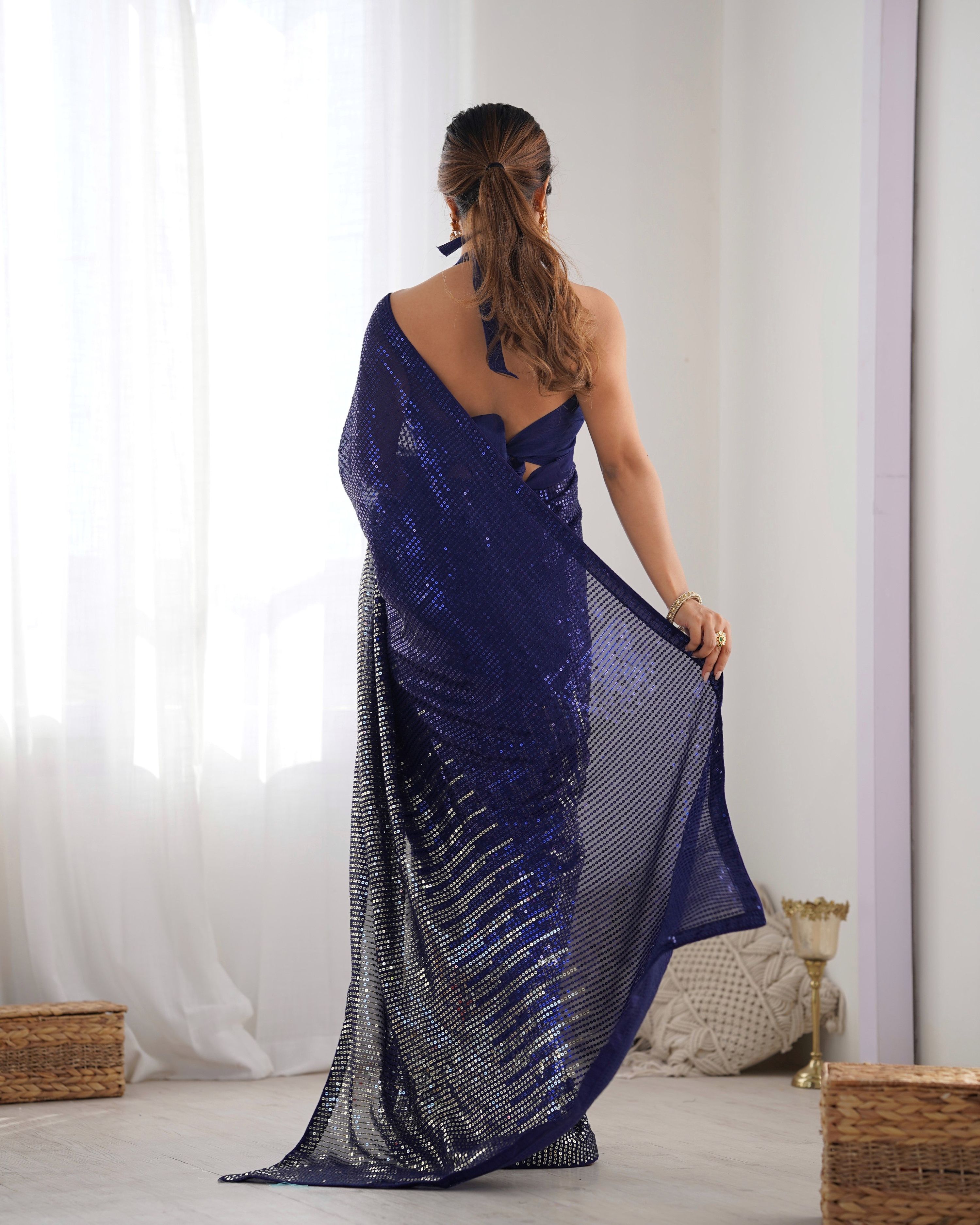 Navy Blue Georgette Sequins Saree with Silk Blouse