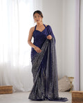 Navy blue georgette designer saree with sequins and matching silk blouse