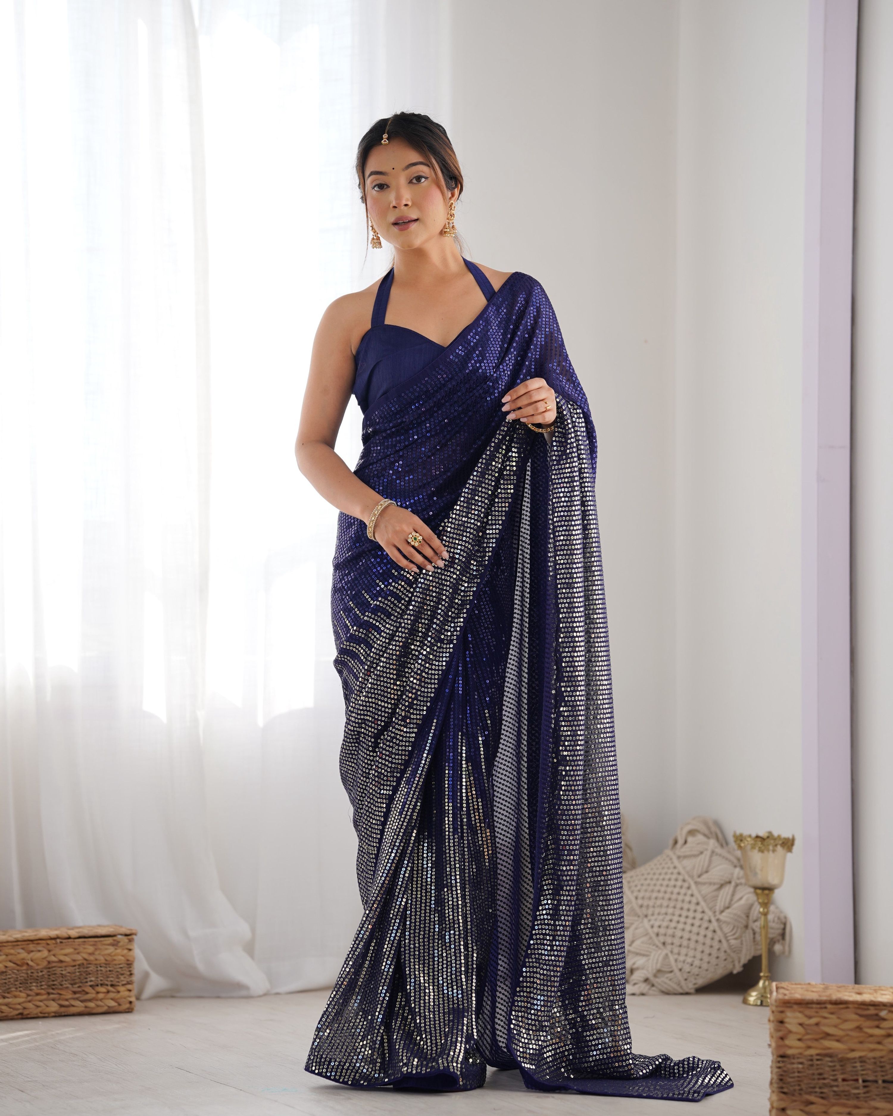 Navy blue georgette designer saree with sequins and matching silk blouse