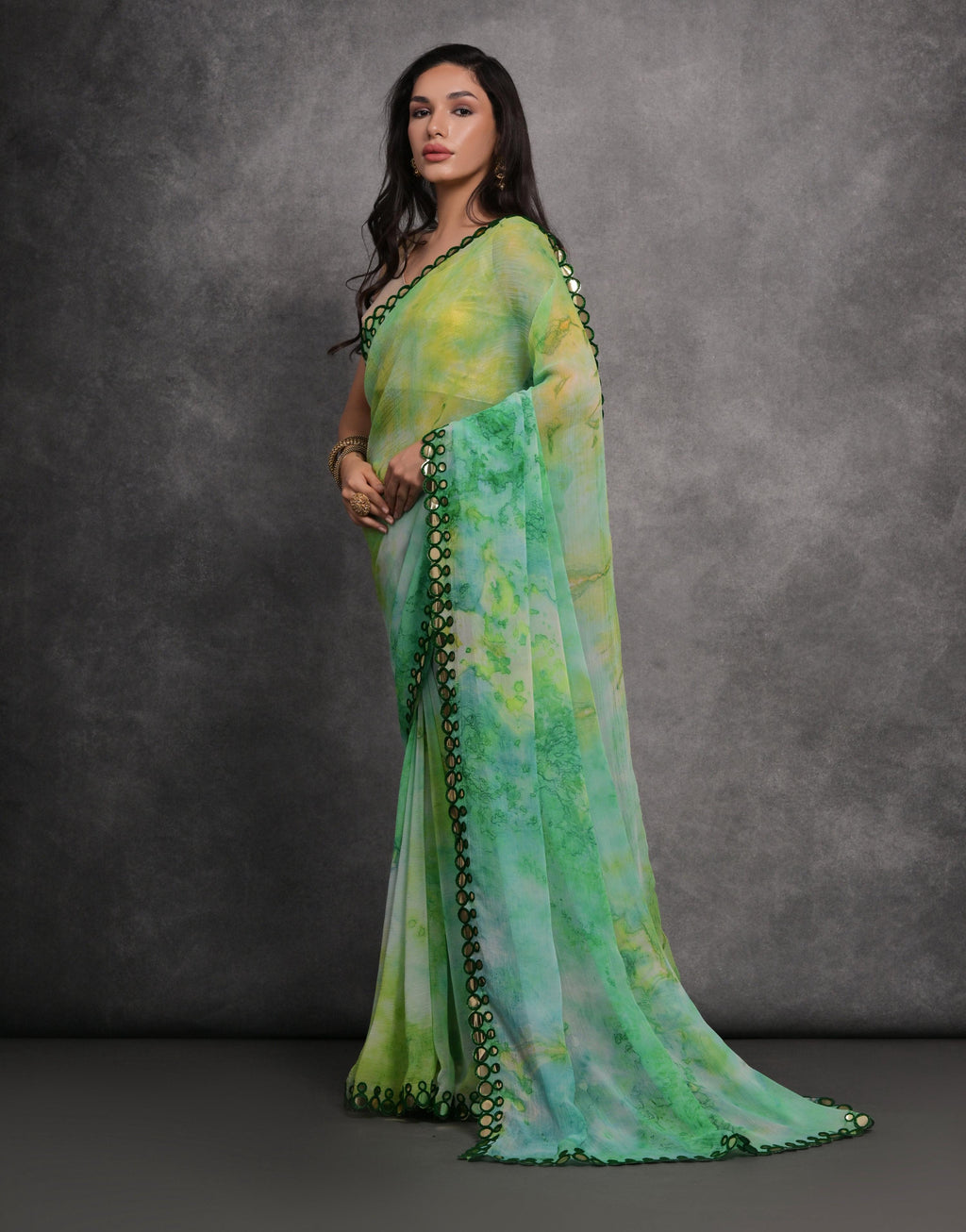 Green Chiffon Printed Saree with Mirror Work and Blouse