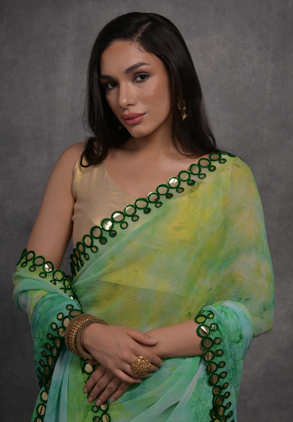 Green Chiffon Printed Saree with Mirror Work and Blouse