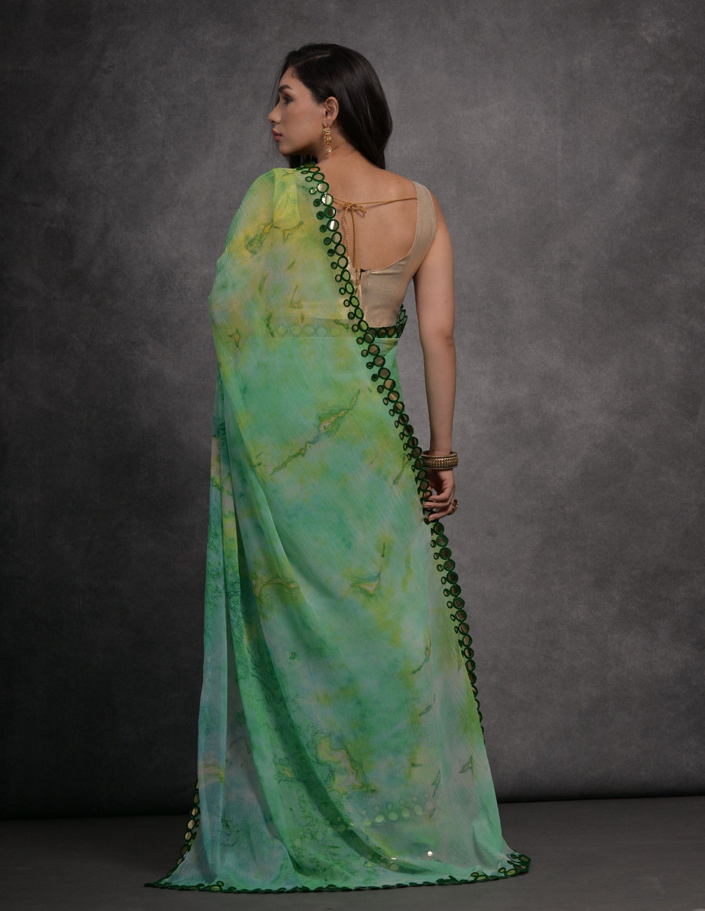 Green Chiffon Printed Saree with Mirror Work and Blouse