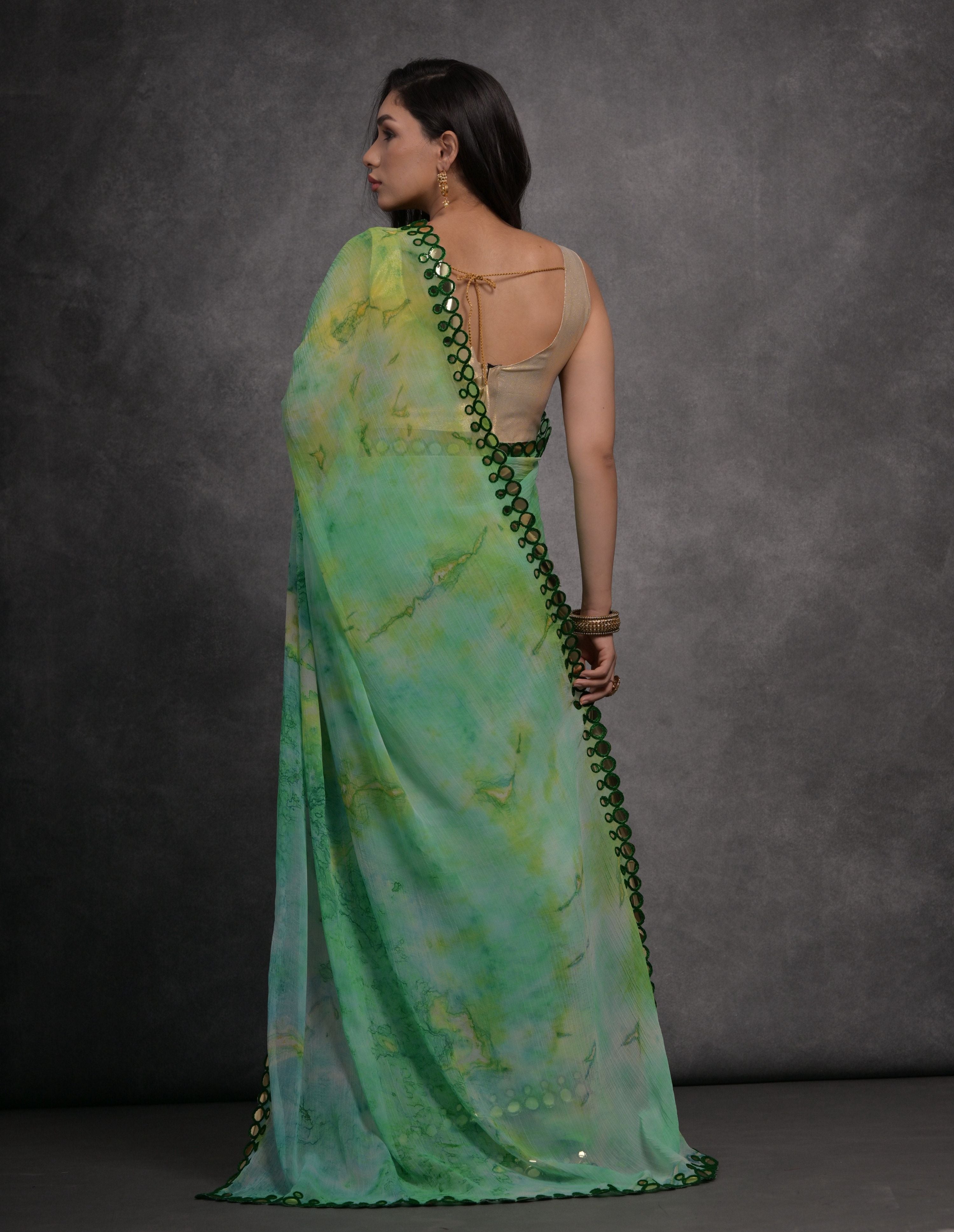 Green Chiffon Printed Saree with Mirror Work and Blouse