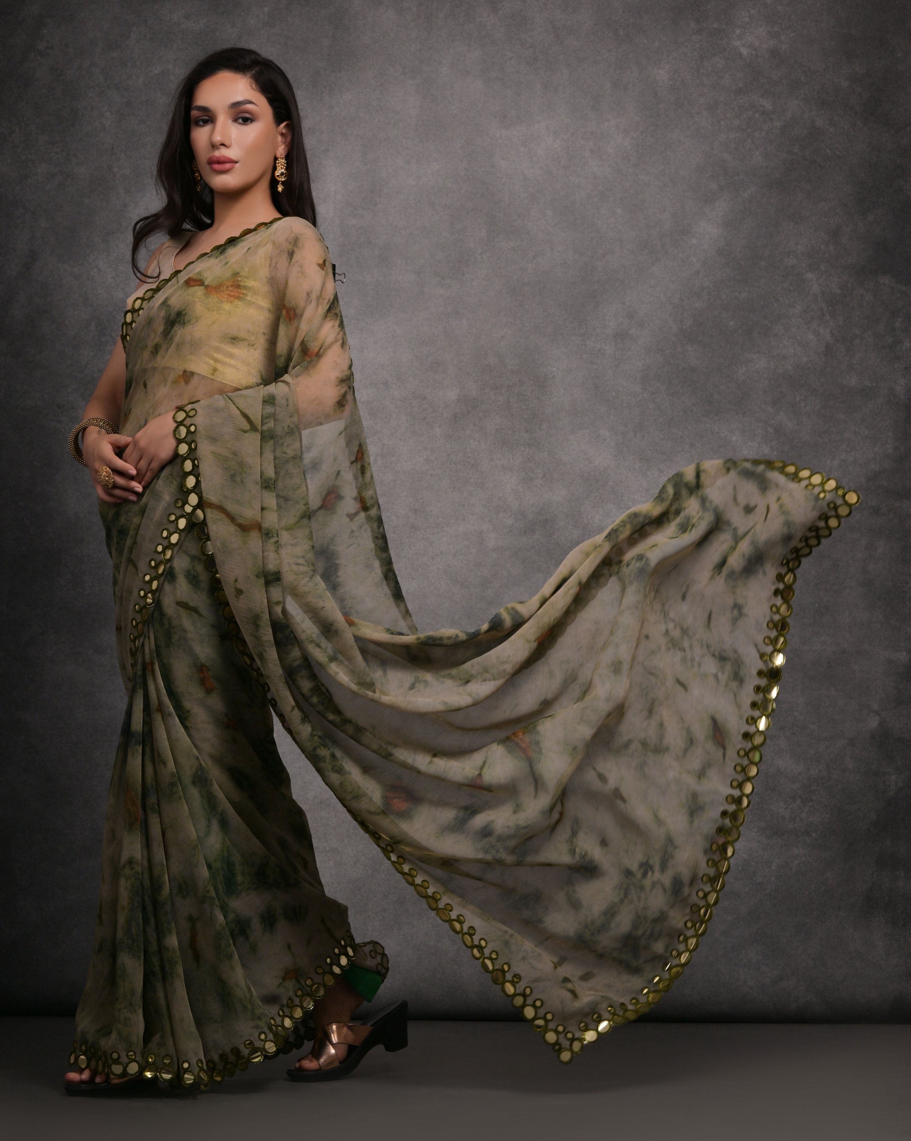Jyoti Fashion Women's Grey Chiffon Print with Mirror Work Designer Saree with Blouse