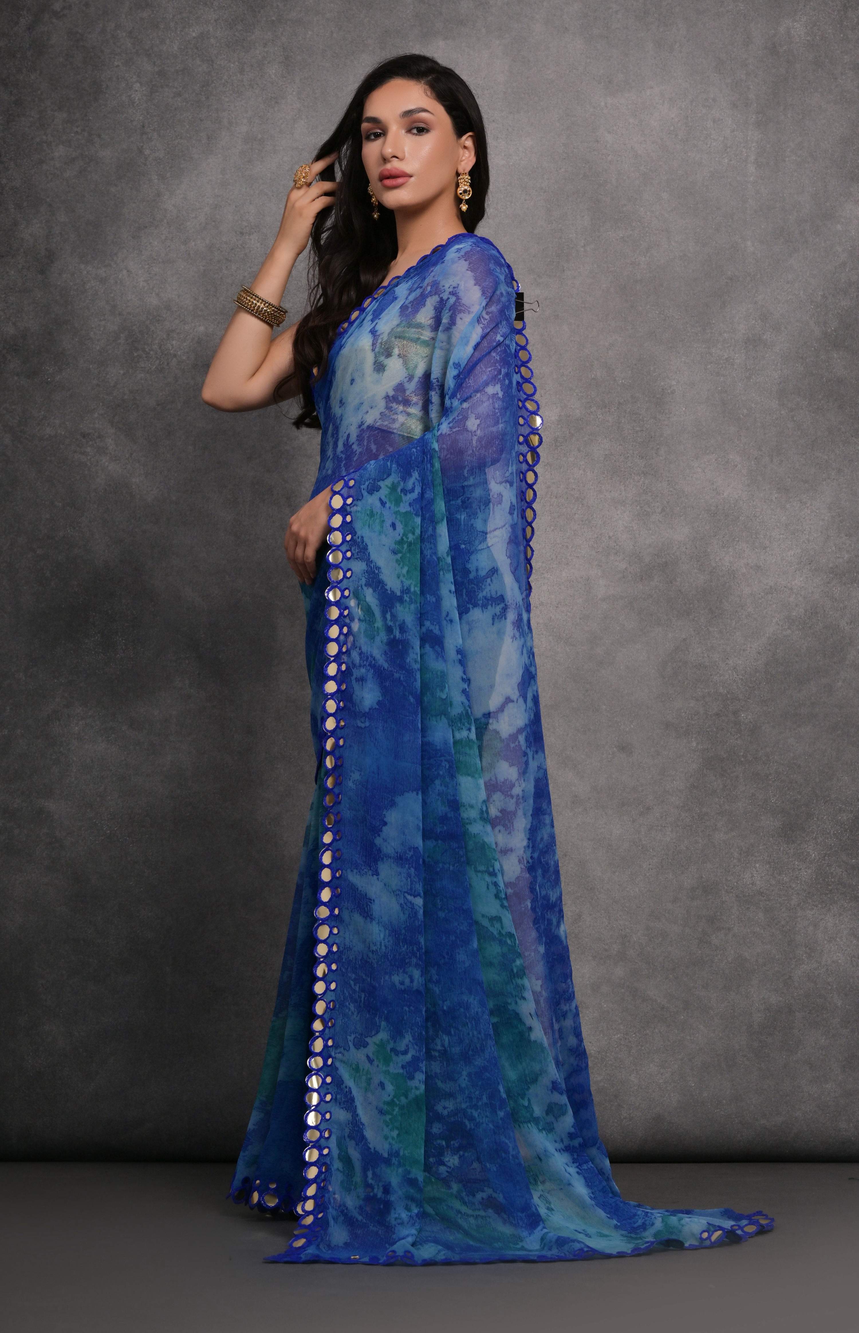 Blue Chiffon Print Saree with Mirror Work and Unstitched Blouse
