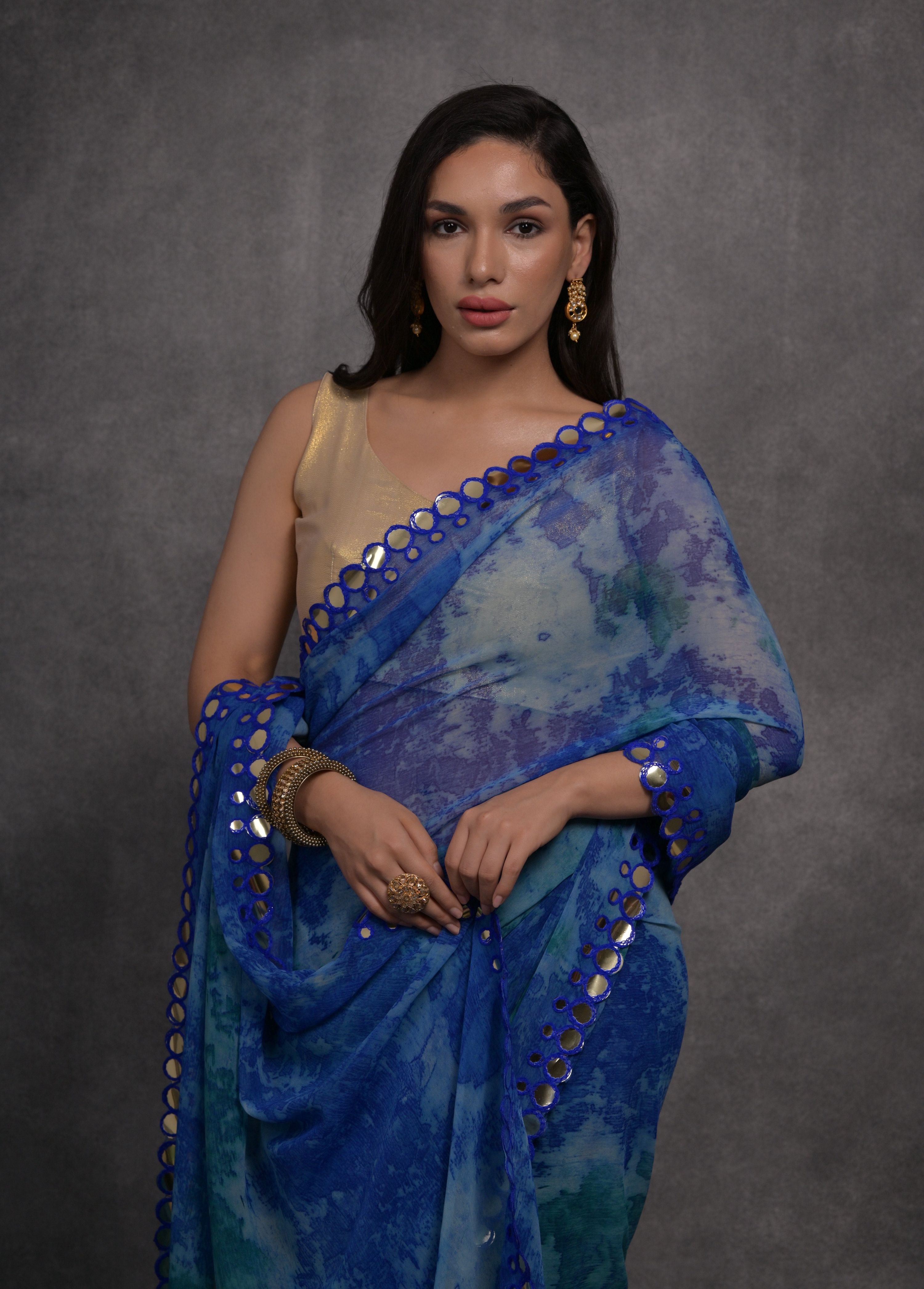 Blue Chiffon Print Saree with Mirror Work and Unstitched Blouse
