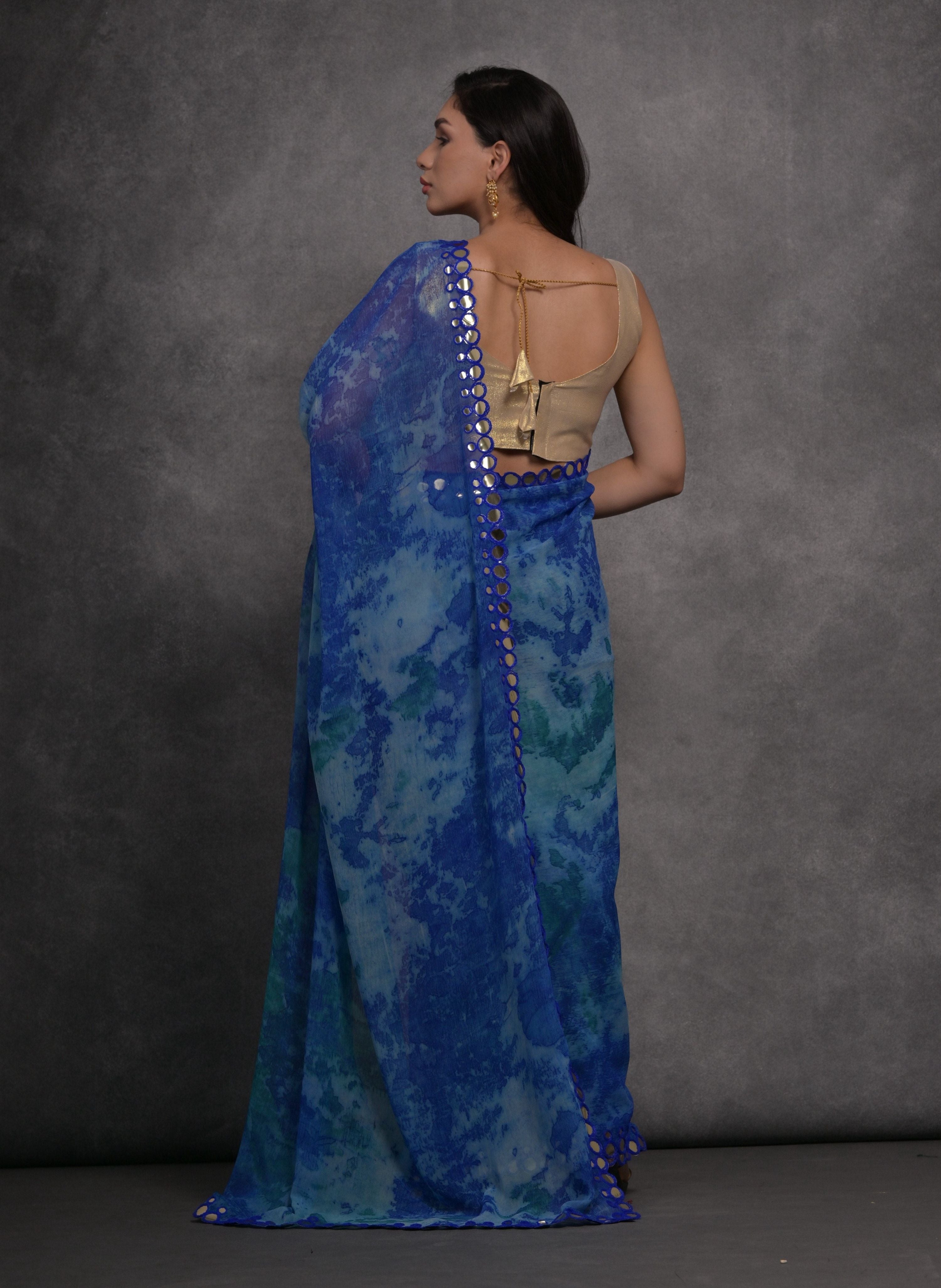 Blue Chiffon Print Saree with Mirror Work and Unstitched Blouse