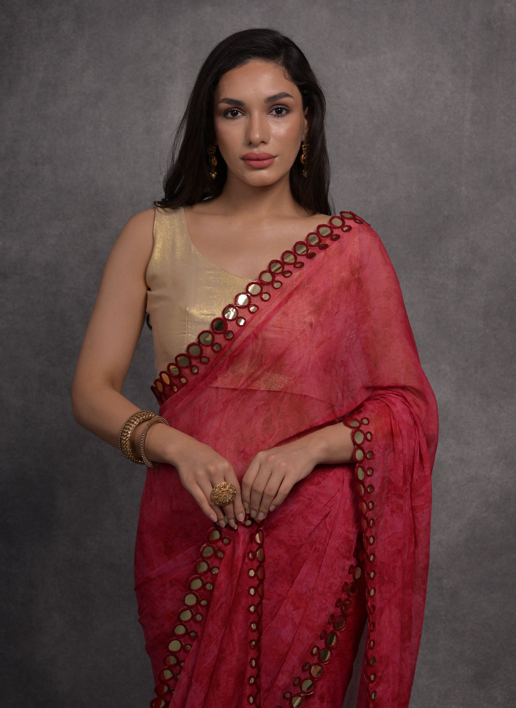 Women's Pink Chiffon Printed Saree with Mirror Embellishments