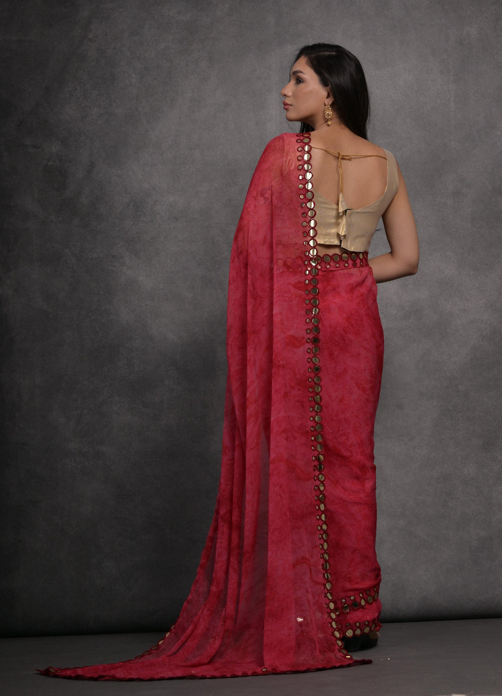 Women's Pink Chiffon Printed Saree with Mirror Embellishments