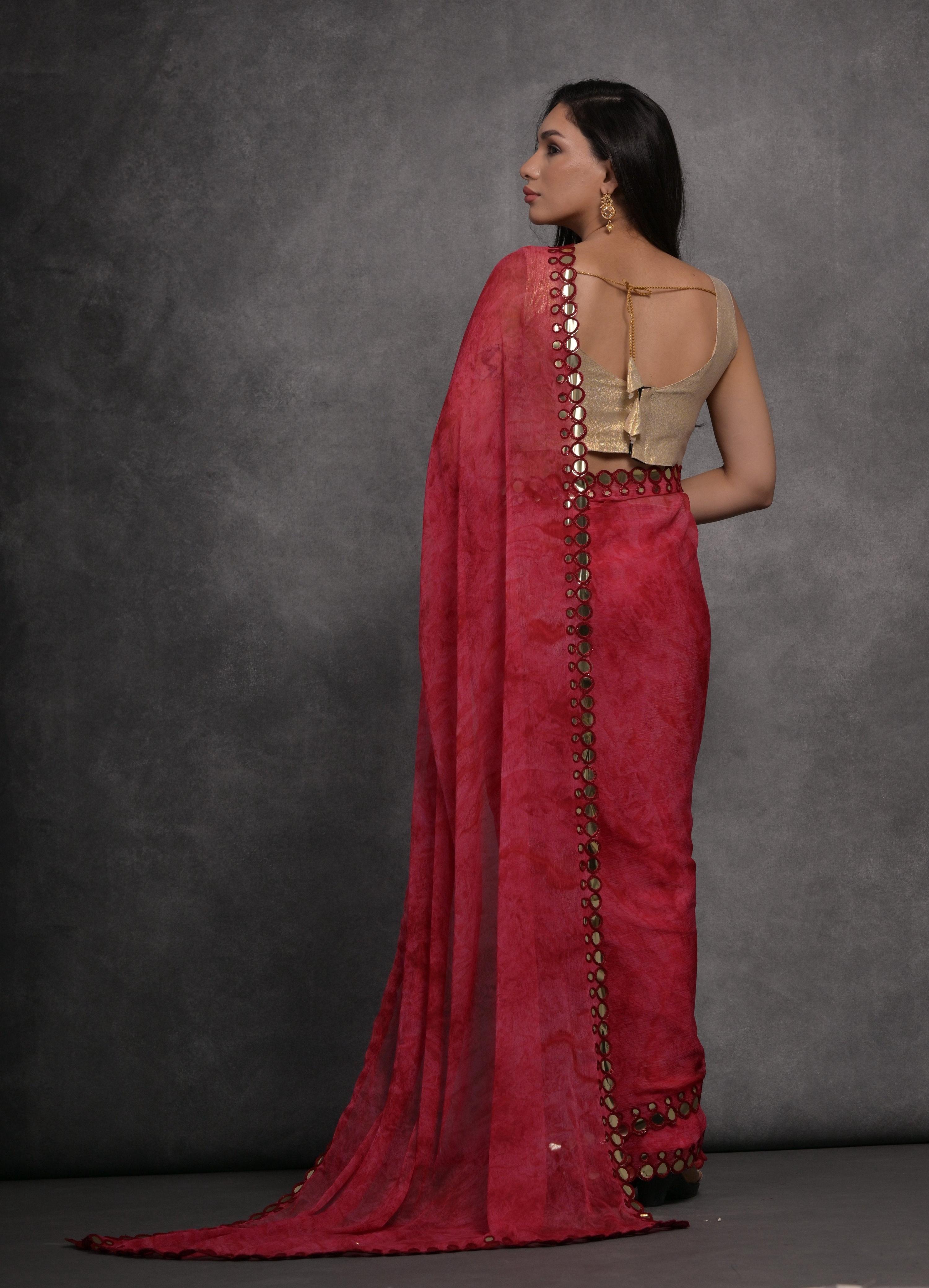 Women's Pink Chiffon Printed Saree with Mirror Embellishments