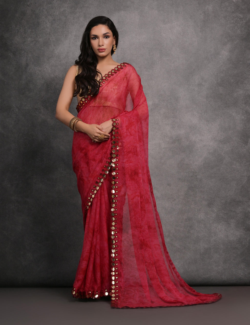 Pink chiffon printed saree with mirror work details