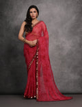 Pink chiffon printed saree with mirror work details